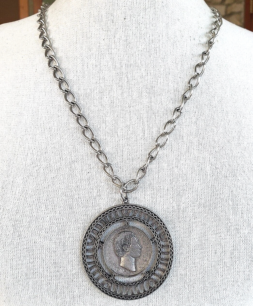 Vintage Medallion Coin Silver Tone Clasp Less Necklace 28″