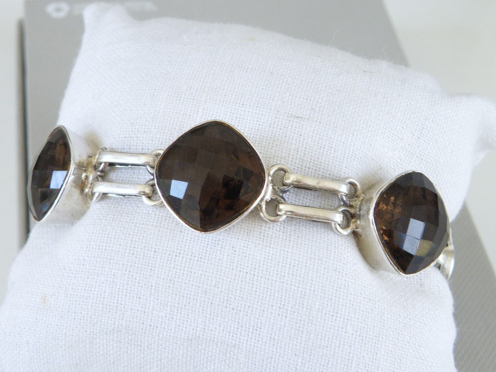 Vintage Sterling Silver 925 Artisan Signed Smoky Topaz Station Link Bracelet 8″