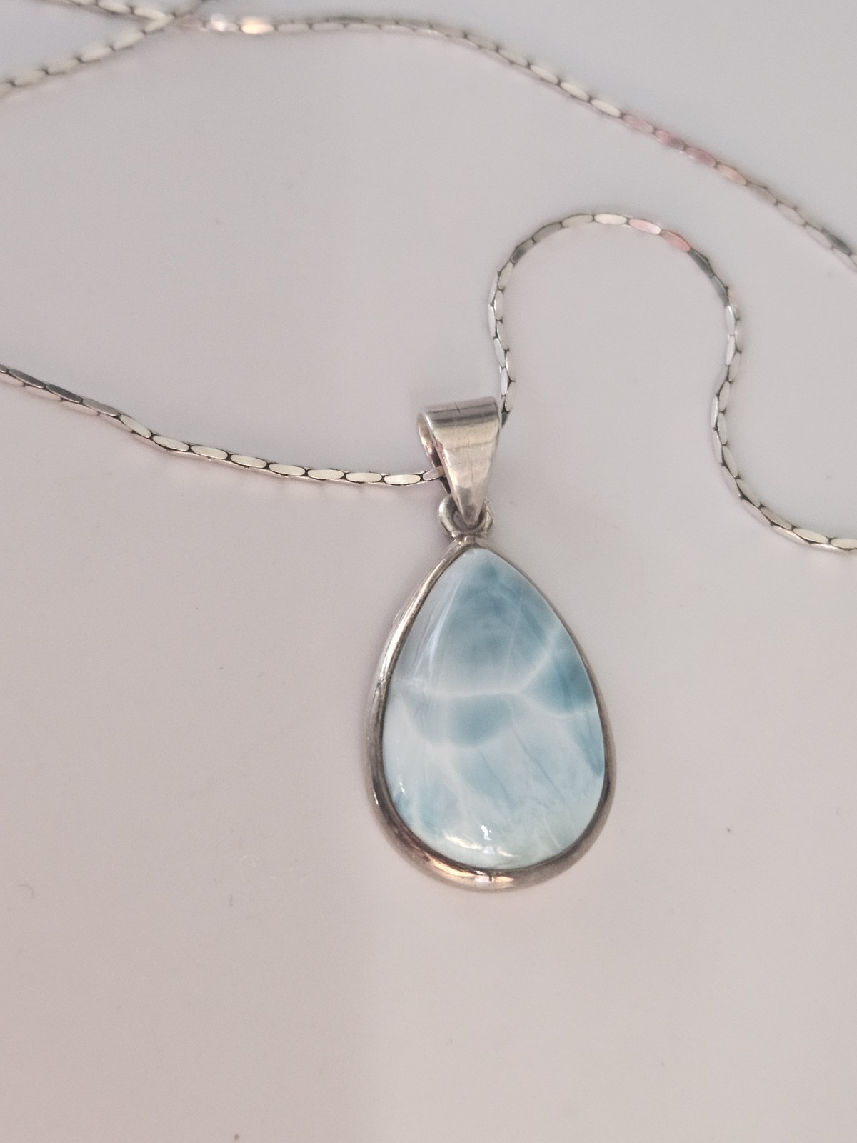 Vintage 925 Sterling Silver Natural Larimar Pendant Necklace 16″