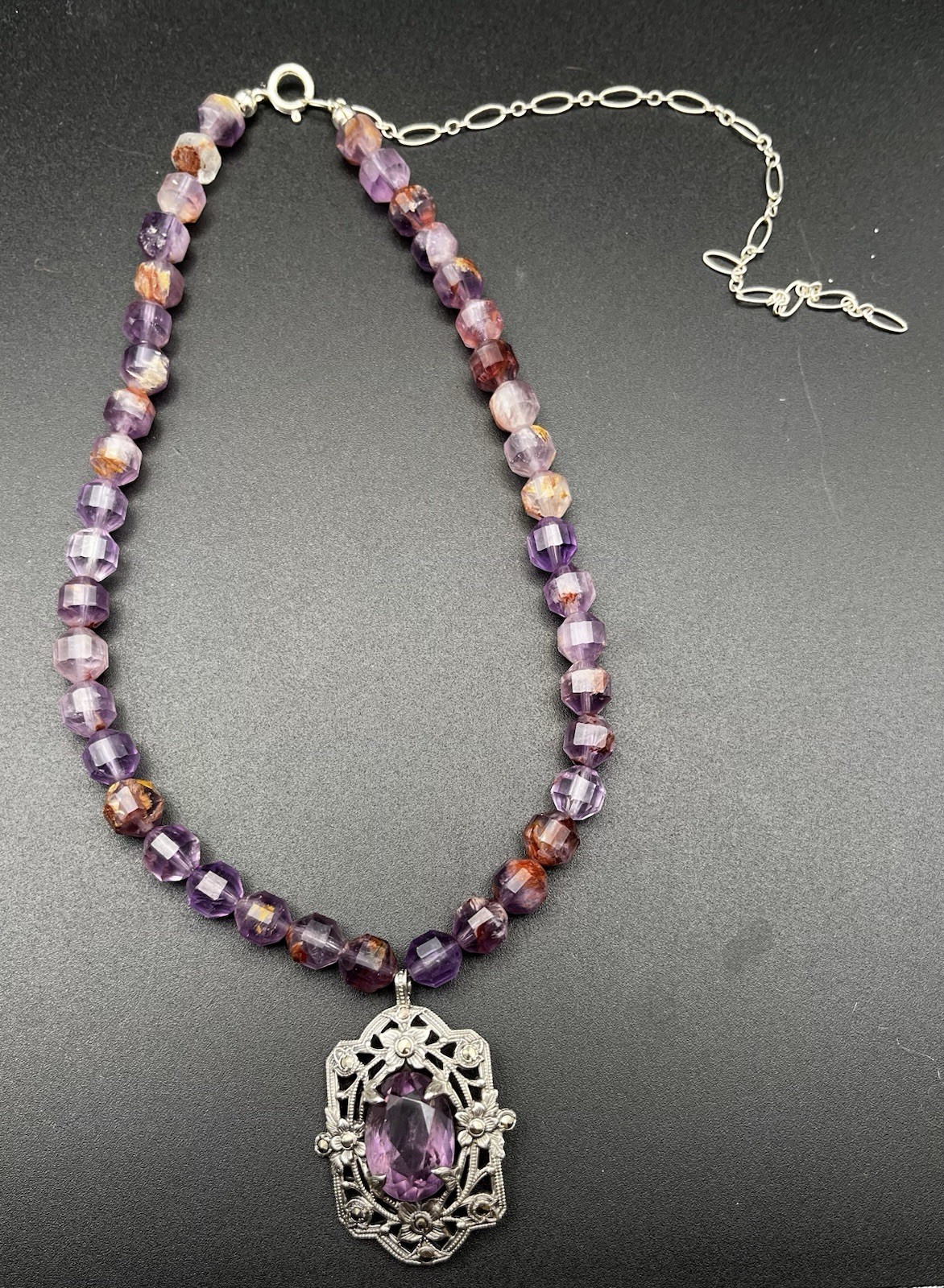 Vintage Sterling Silver Amethyst Art Nouveau Style Pendant On Super Seven Beads