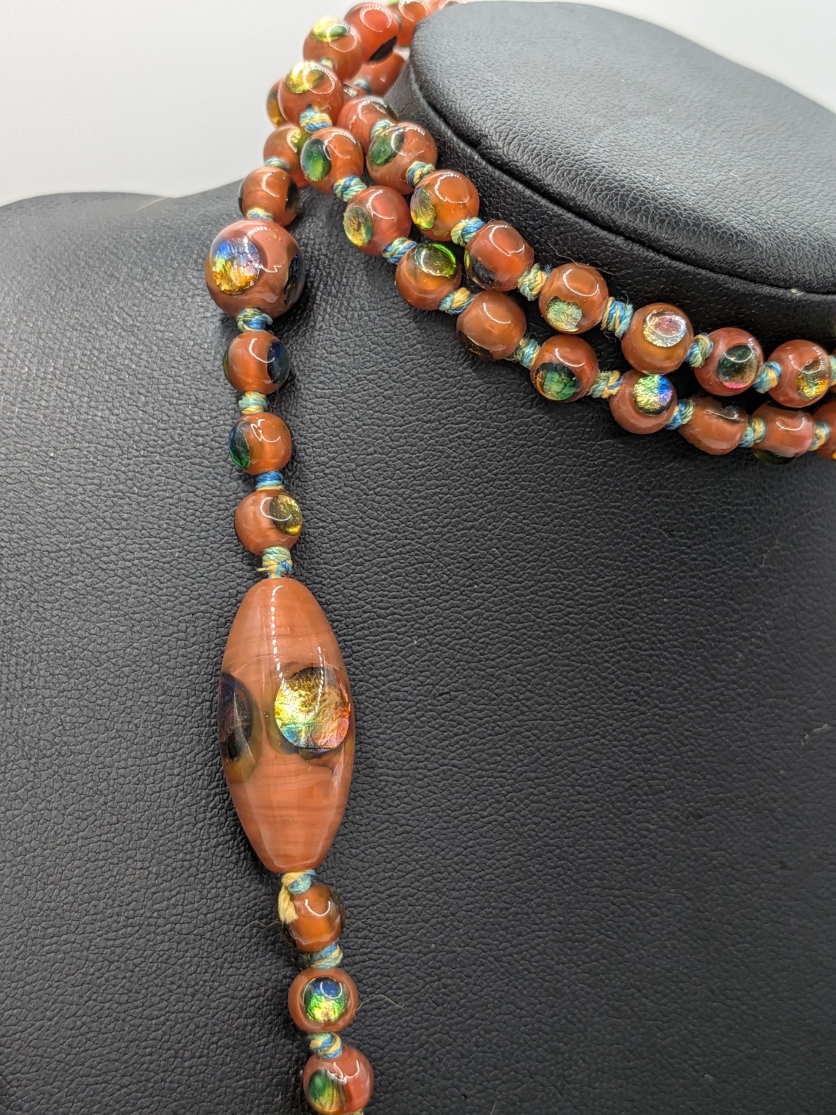 Art Deco Antique Czech Glass Rainbow Foil Peacock Eye Bead Necklace Brown Read