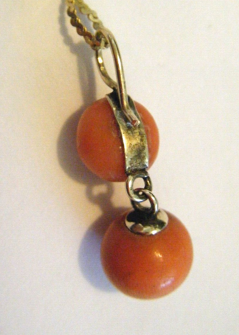 Antique Edwardian 10K Gold Salmon Coral 8 and 9mm Drops Pendant 2.7g