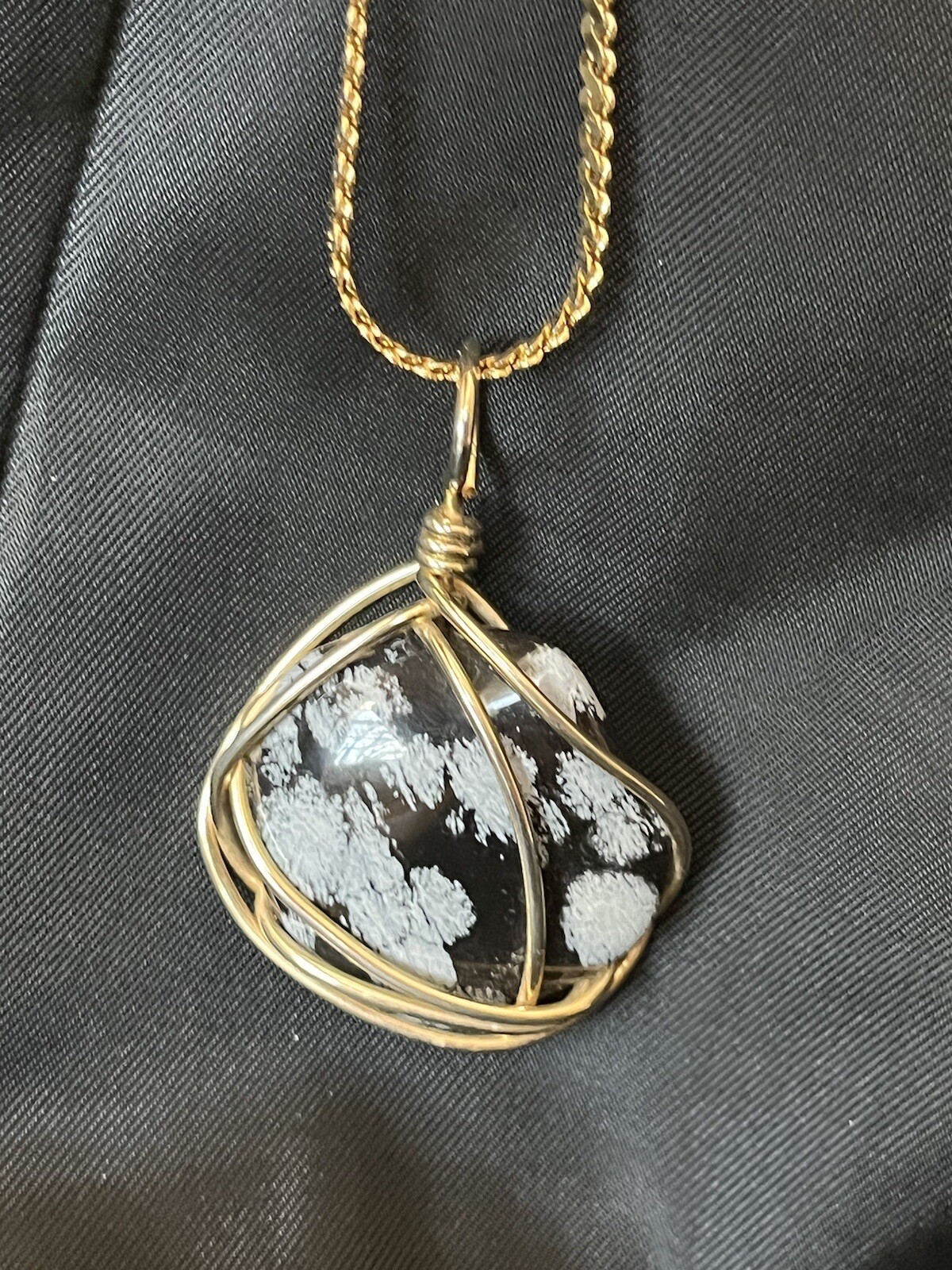 Vintage Polished Snowflake Obsidian Pendant Necklace Wire Wrapped Obsidian Stone