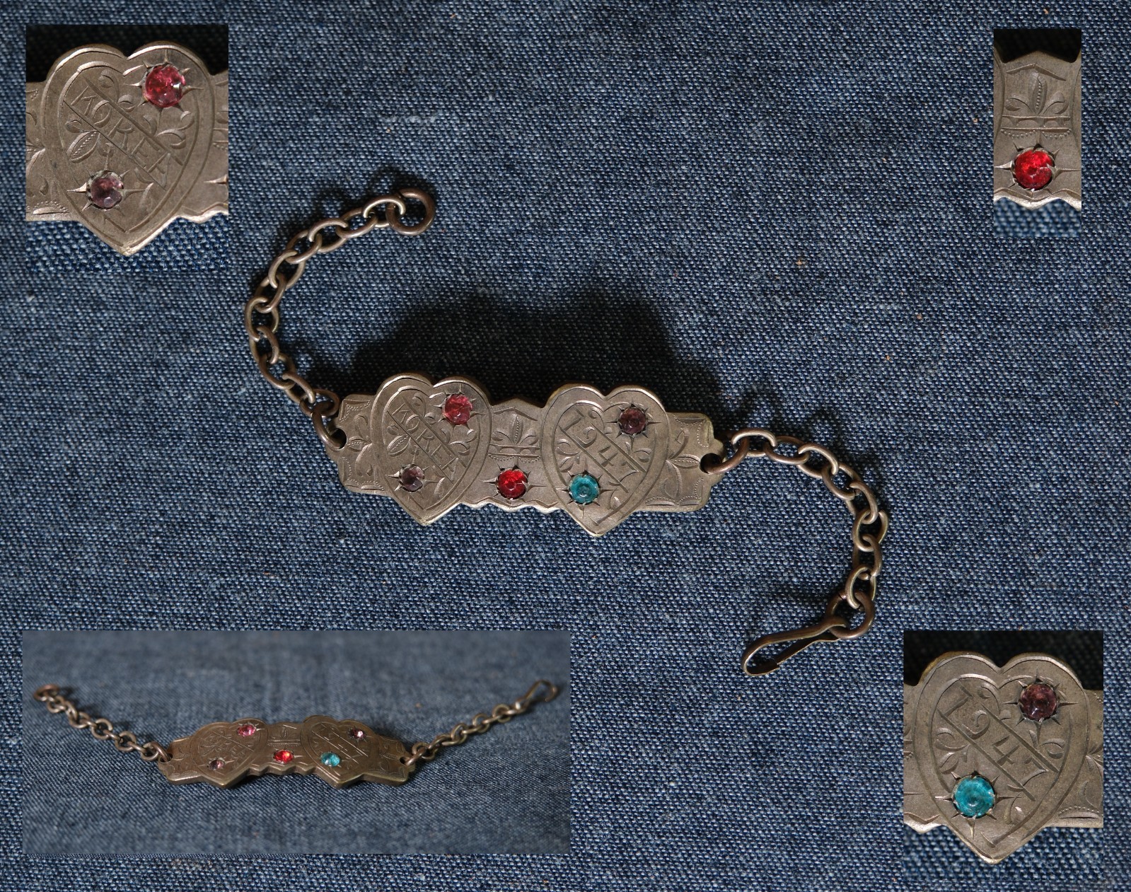 Vtg Post WWII 1940’s 1947 Occupied Korea War Jeweled Souvenir Hearts ID Bracelet
