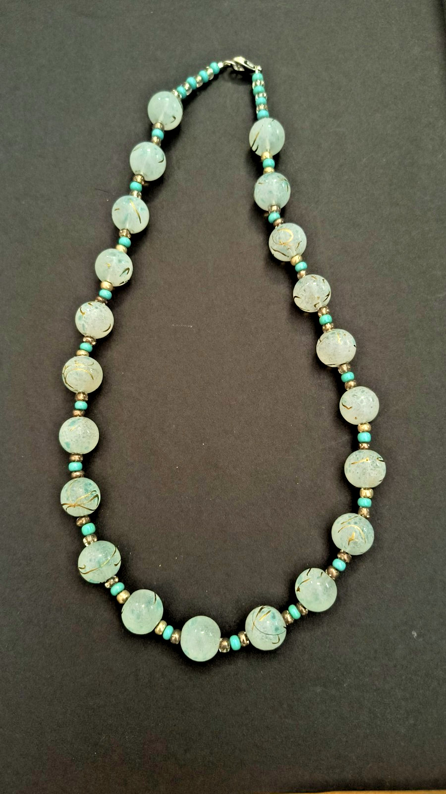 VTG Turquoise & Hand painted Glass Beads / 18″ Necklace, 1900s Venetian Murano
