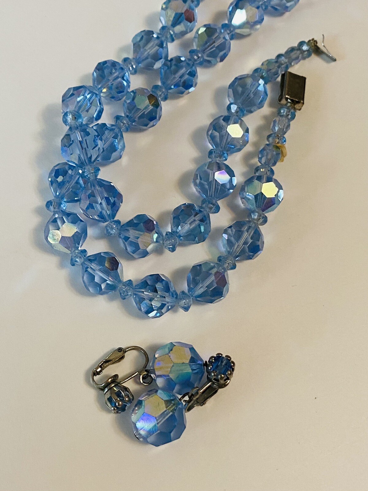 Aurora Borealis Icy Blue 22” Crystal Necklace & Earring Set. 1950’s