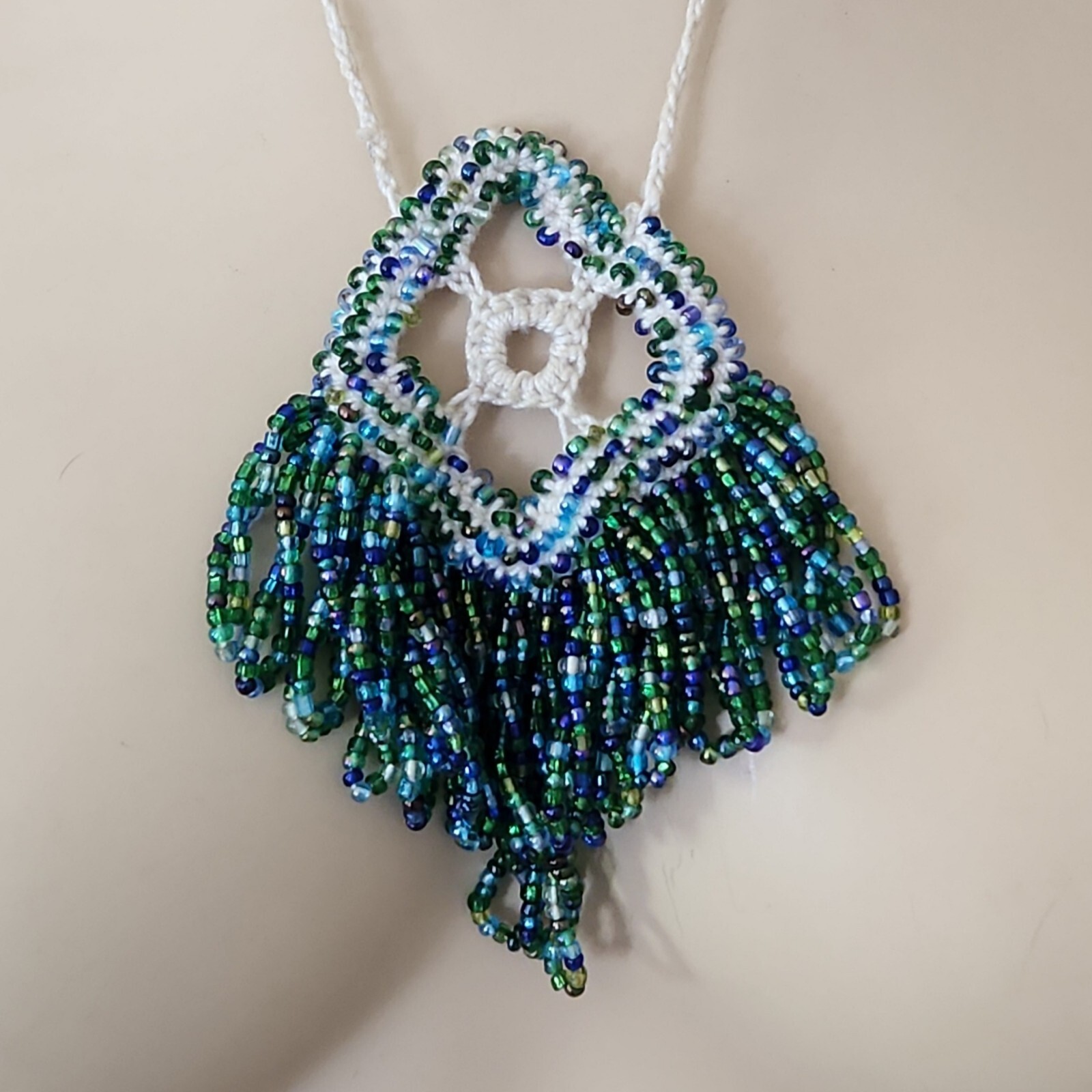 18.5″ Artisan Made Cord Glass Seed Bead Blue Green Necklace Fringe No Metal
