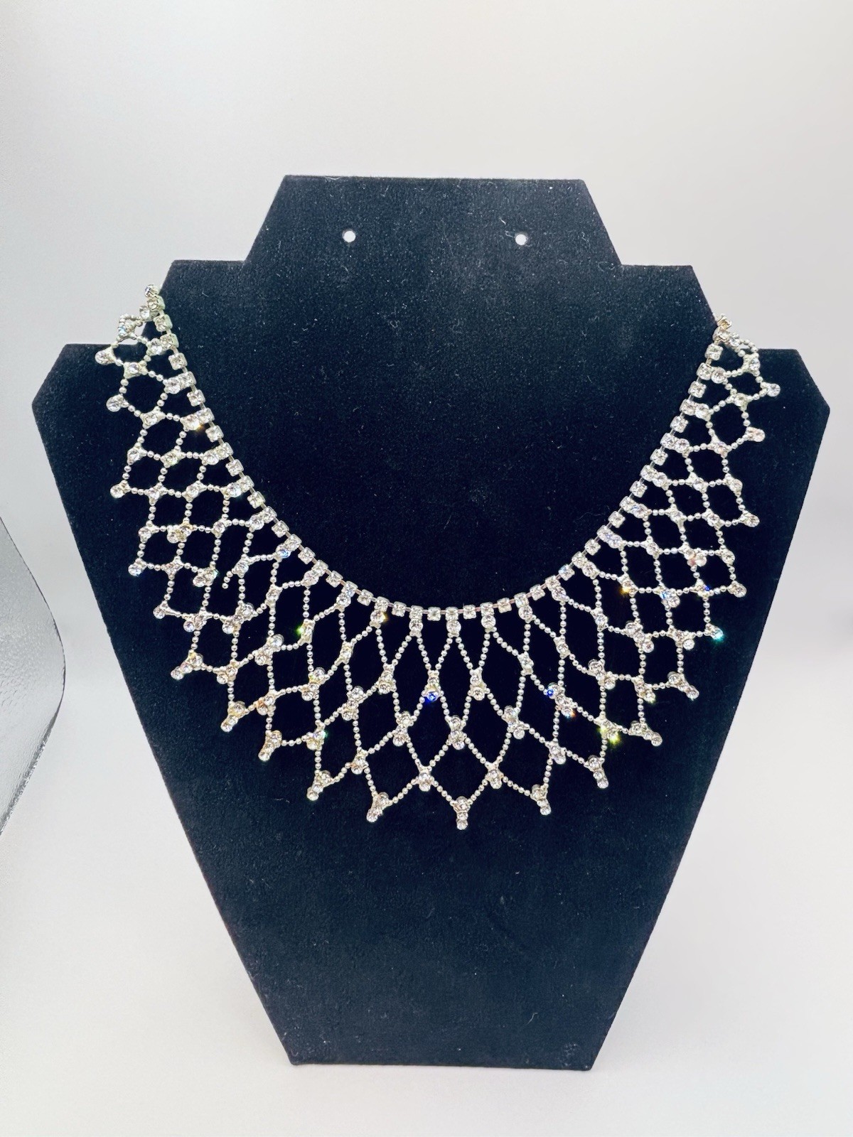 Vintage Rhinestone Bib Collar Necklace Silver Tone Drape Lattice Statement