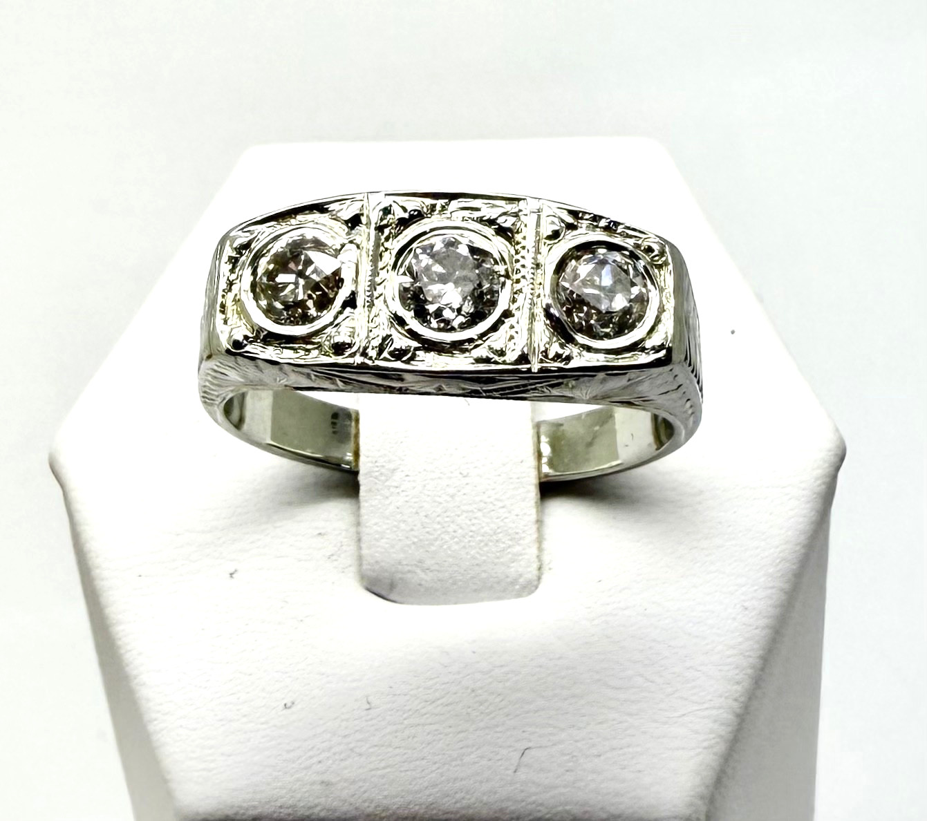 Antique 3 Old European Cut Diamond Ring 18 K White Gold w/Card Appraisal 8.5