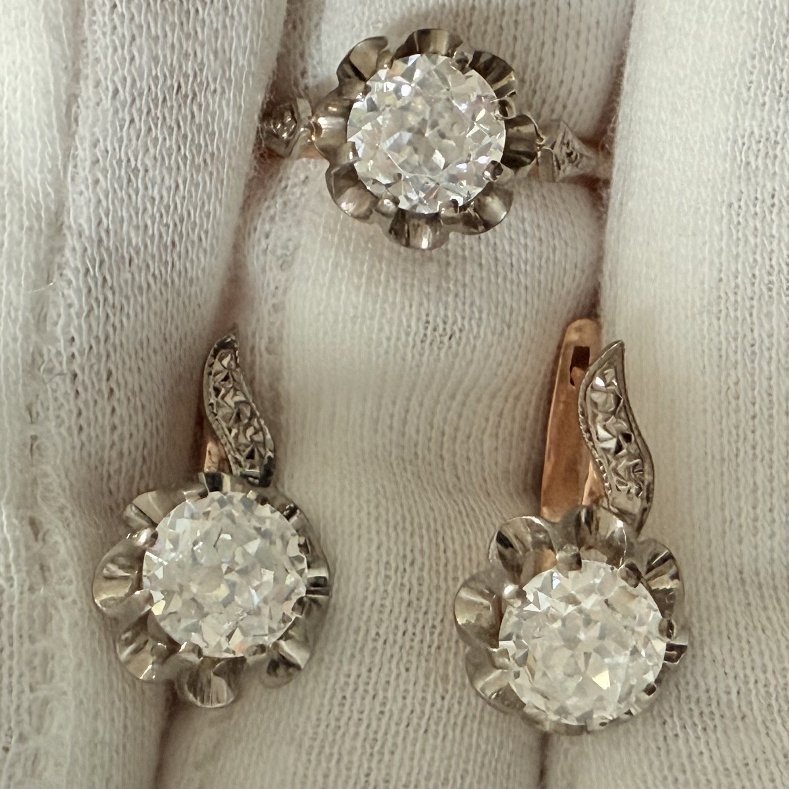 Soviet Rose Gold Rock Earrings & Ring 585 14K 9.90g