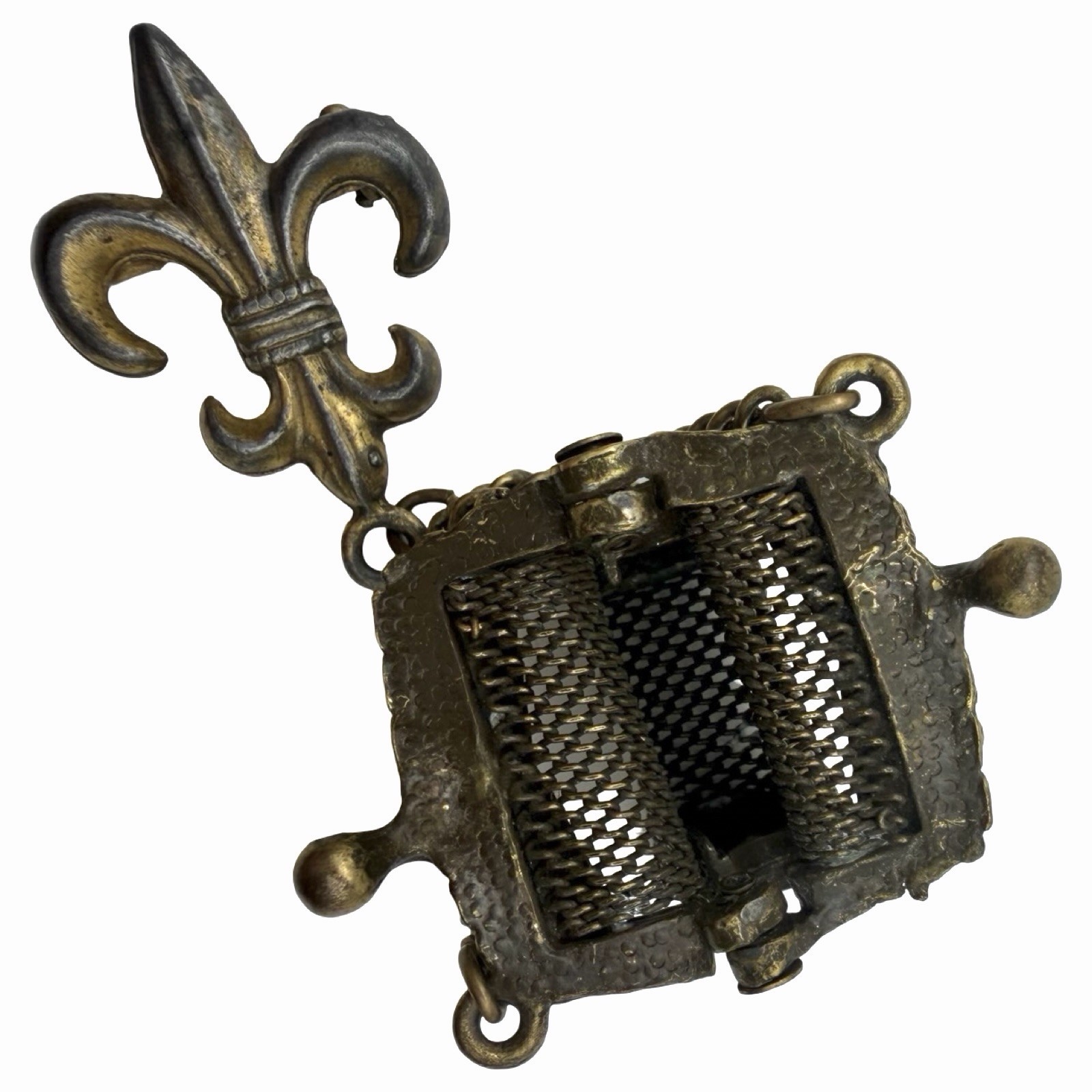Vintage Fleur de Lis Mesh Coin Purse Brooch Chatelaine Pin Ornate Brass Tone