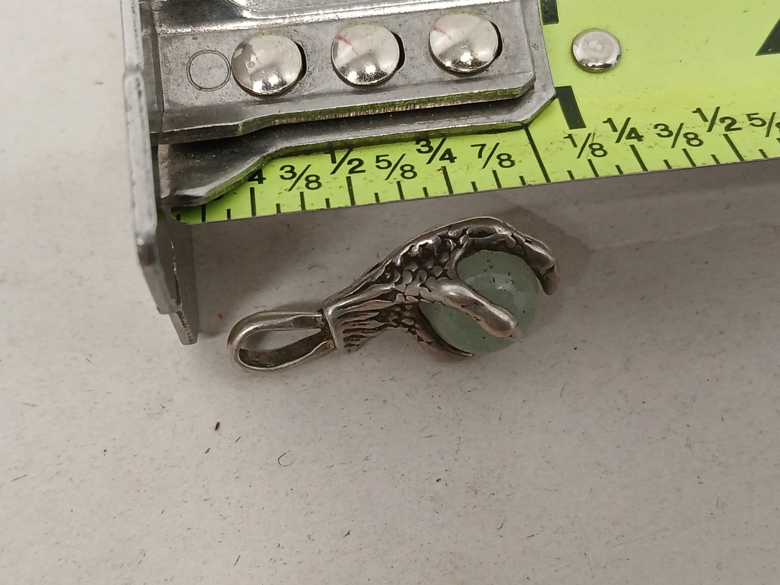 Vintage Silver Tone Claw Pendant Green Stone Metal Detecting Find Sterling?
