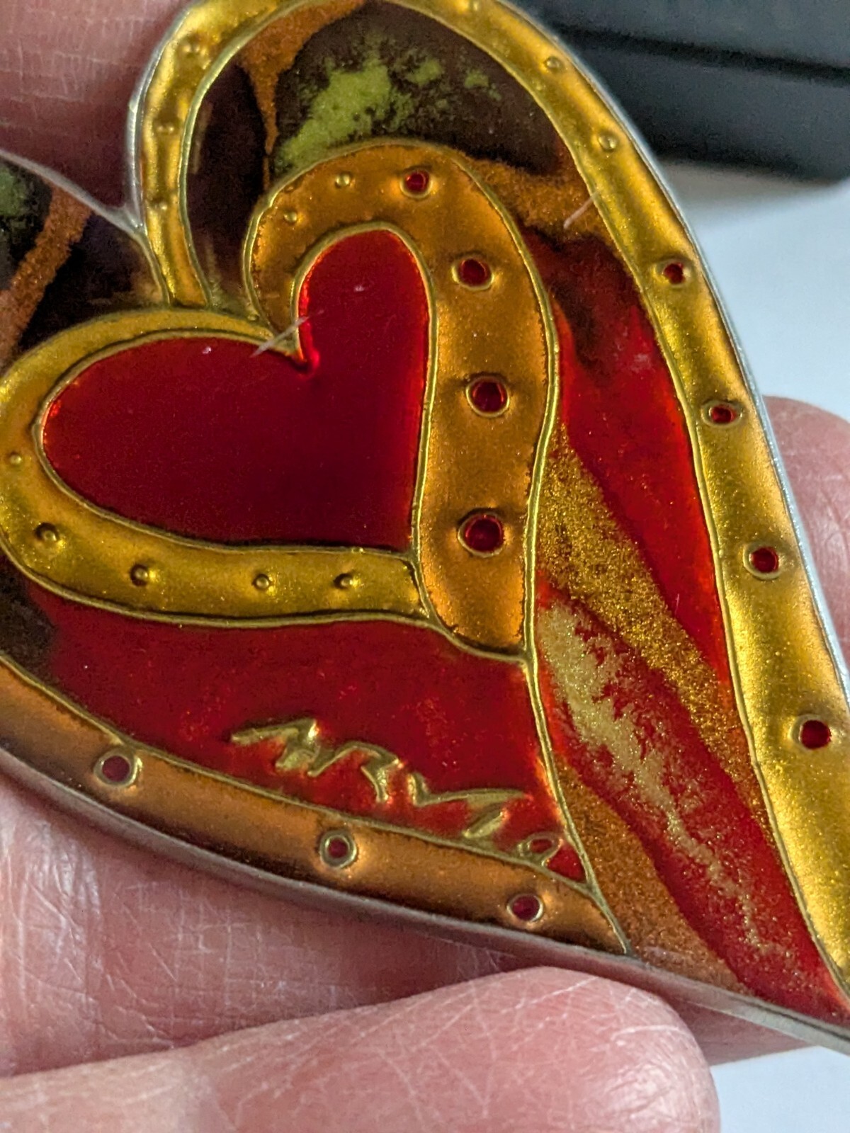 Rare Rachel Arvio Large Resin On Metal Heart Art Brooch Pin