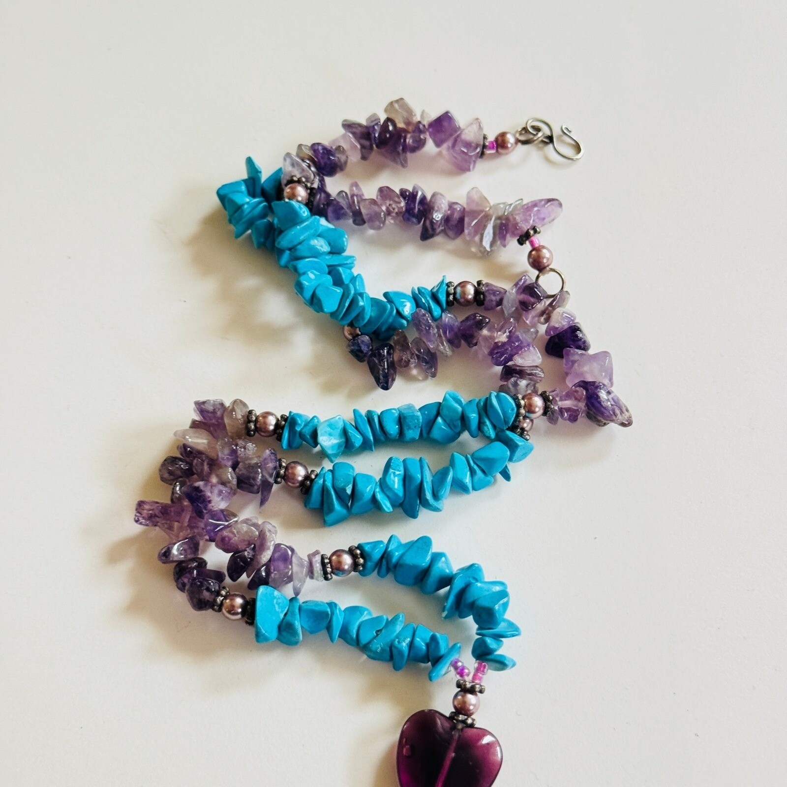 South Western Heart Boho Necklace VTG Blue Turquoise purple Amethyst Beads 21″