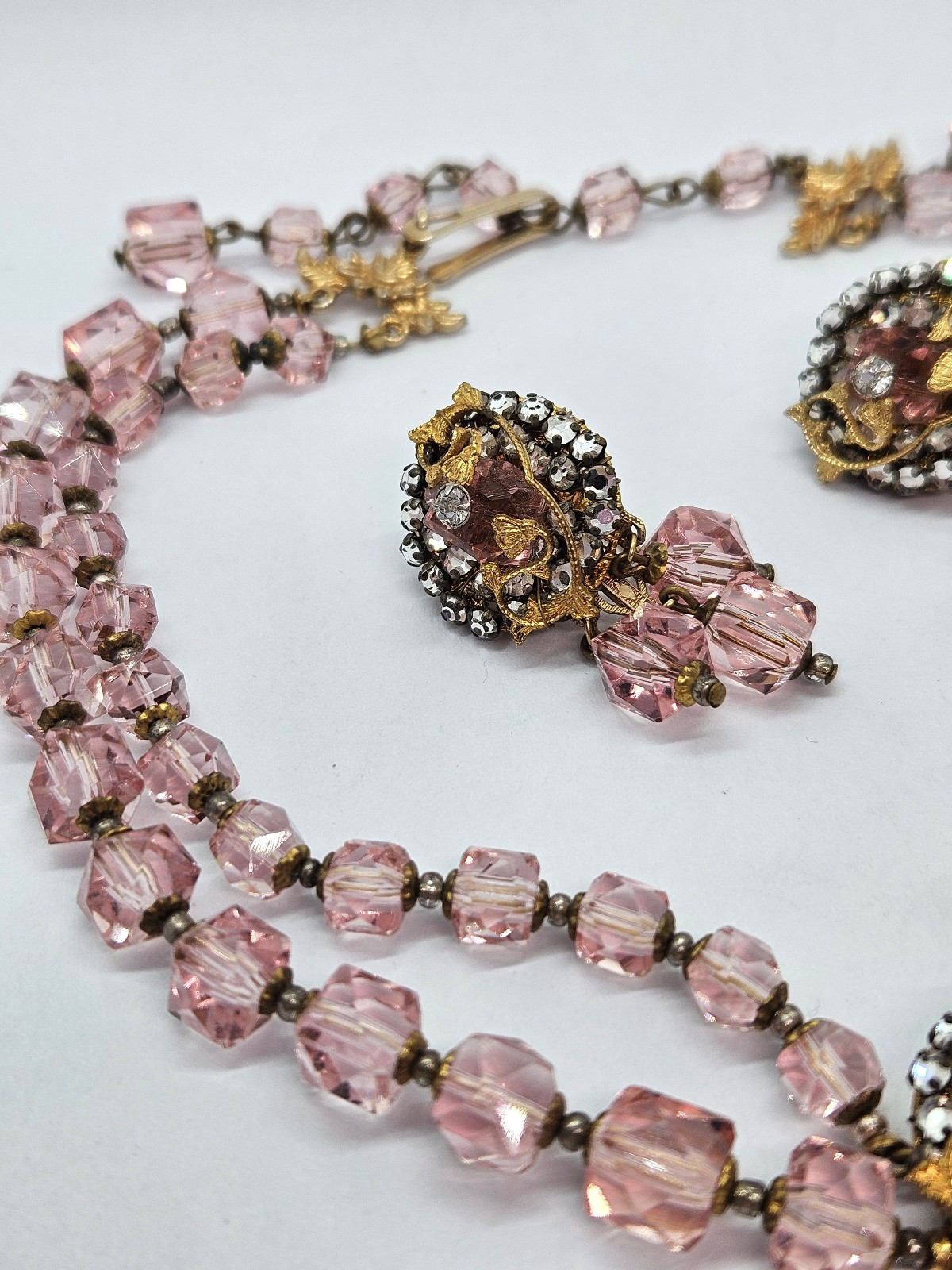 Vintage Original by Robert? Necklace & Earrings Pink Crystal Beads Rhinestones