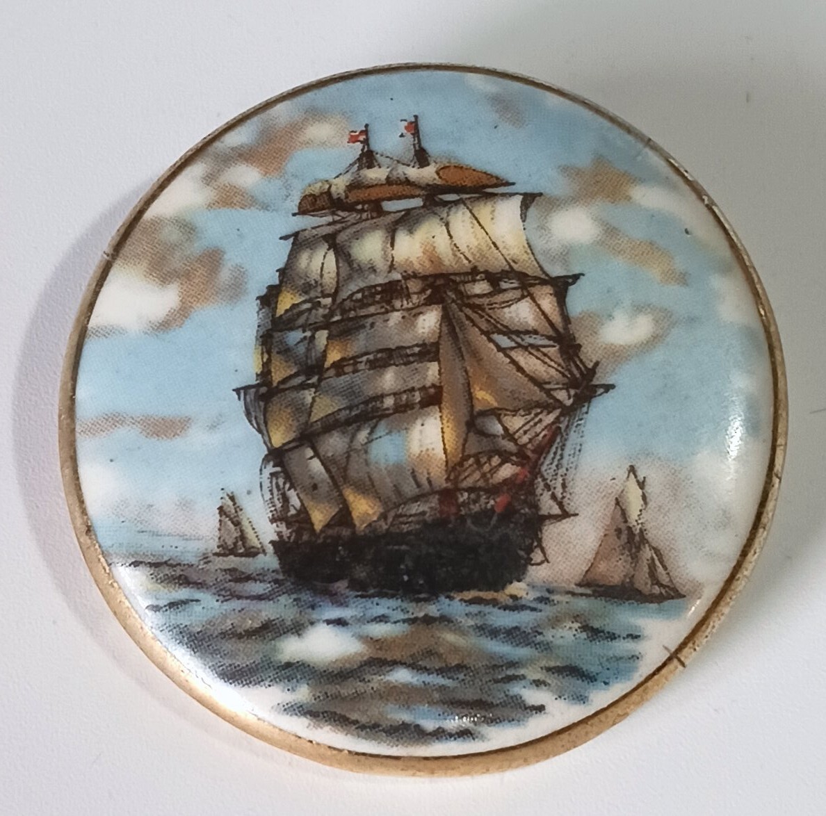 Vtg (Antique?) Painted Porcelain Brooch 1-5/8″ w/ Clipper Ship Under Full Sail