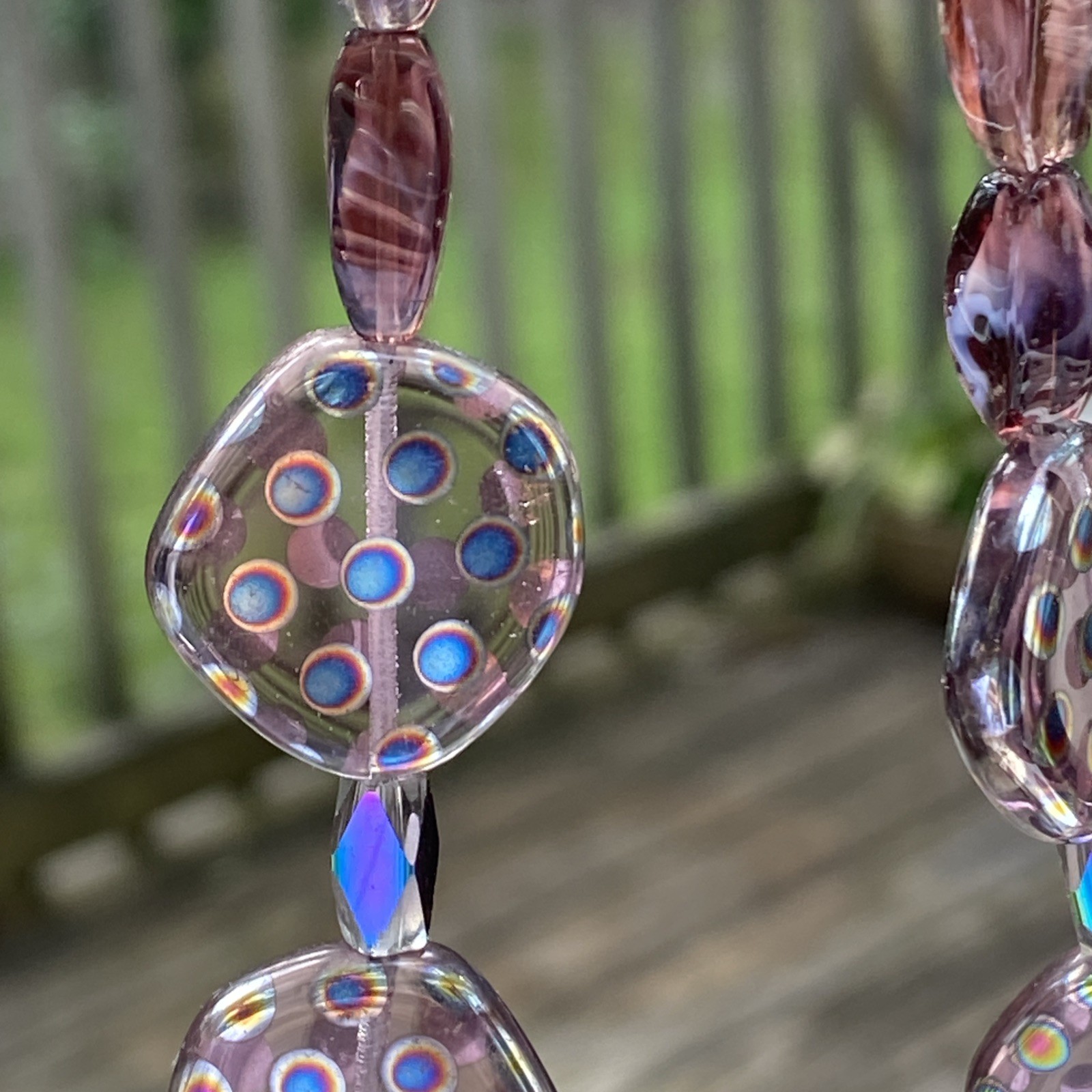 PURPLE GIVRÉ PEACOCK BEADS ART GLASS RETRO VITRAIL CRYSTAL GLASS NECKLACE