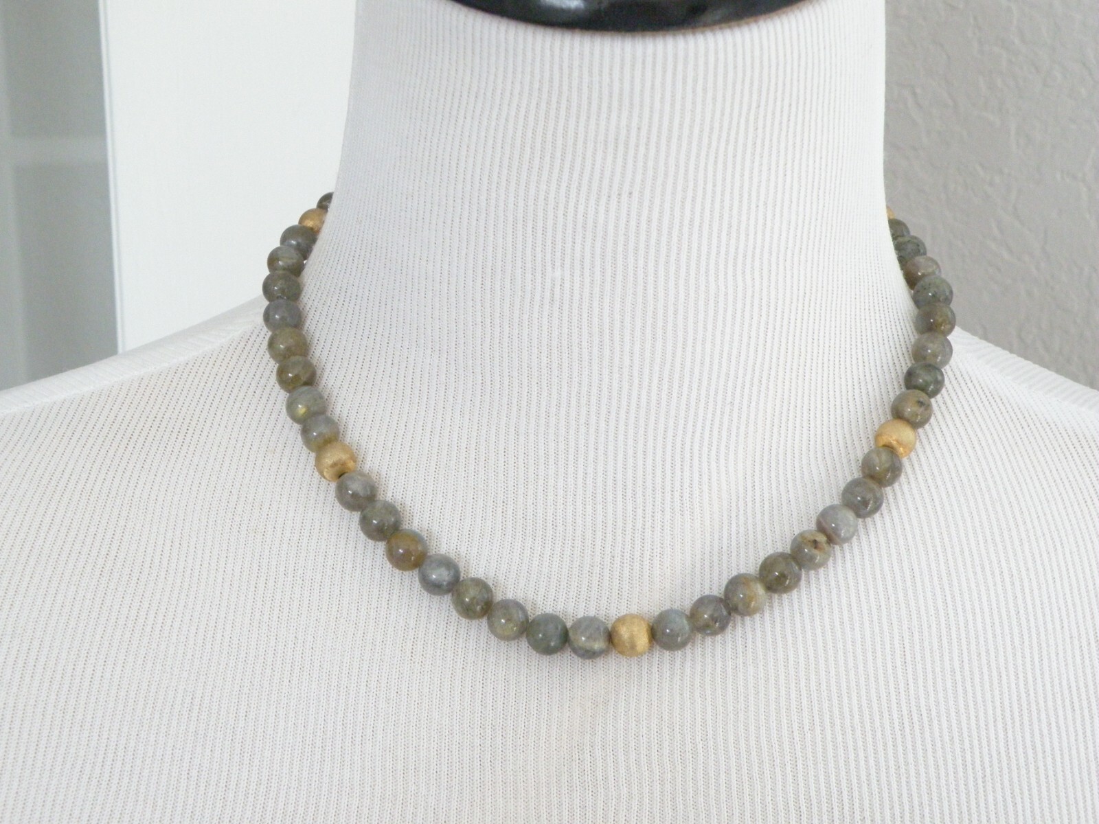 Vintage Sterling Silver 925 Gold on Natural Labradorite Bead Necklace 17.5″