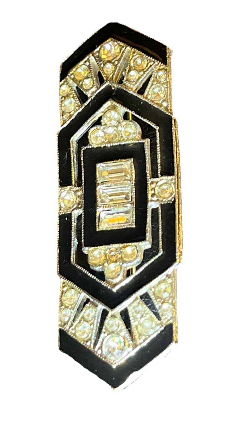 Vintage art deco style pin black enamel with rhinestones