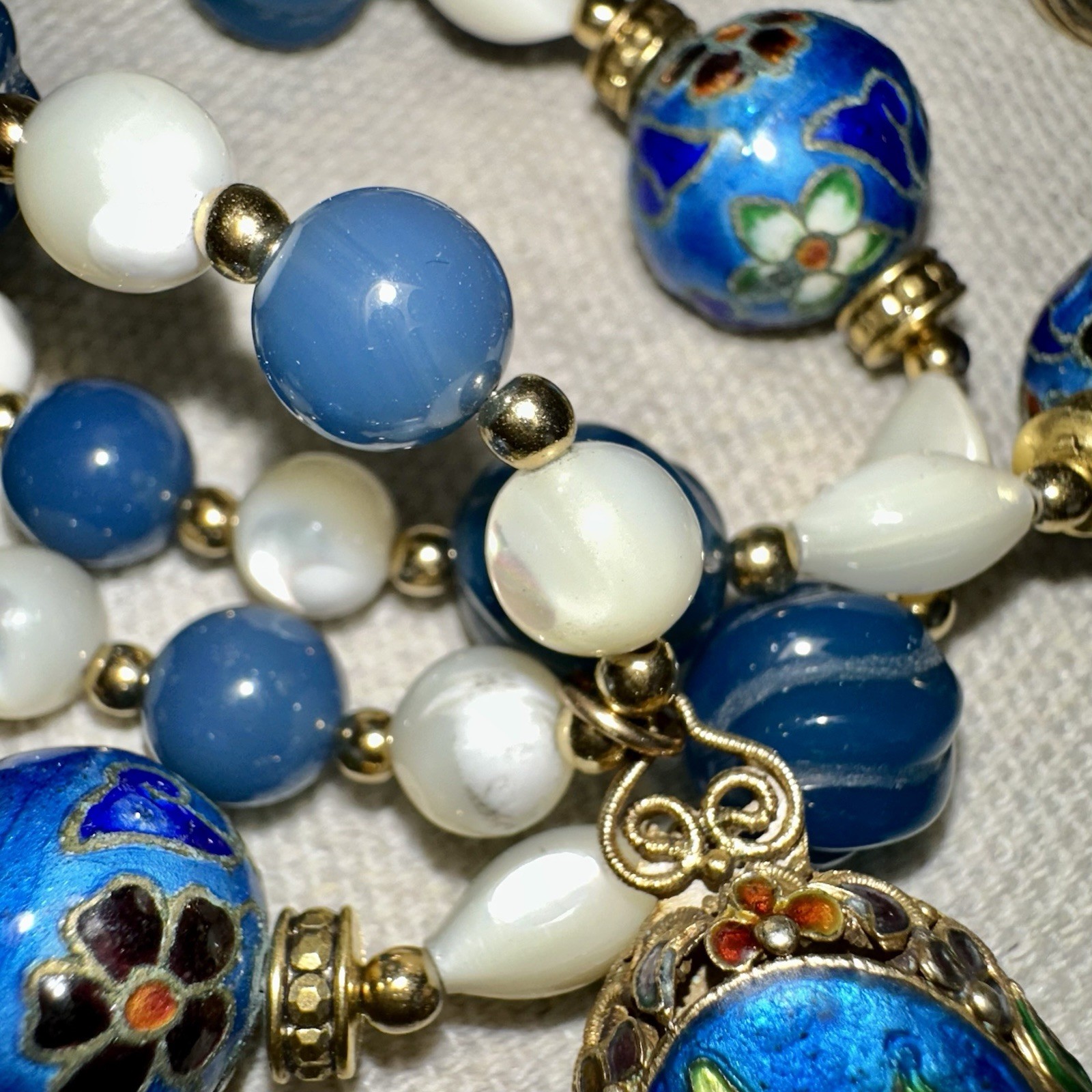 36” Vtg Cloisonné Pendant Tassel Beaded Necklace Mother Of Pearl Chinoiserie