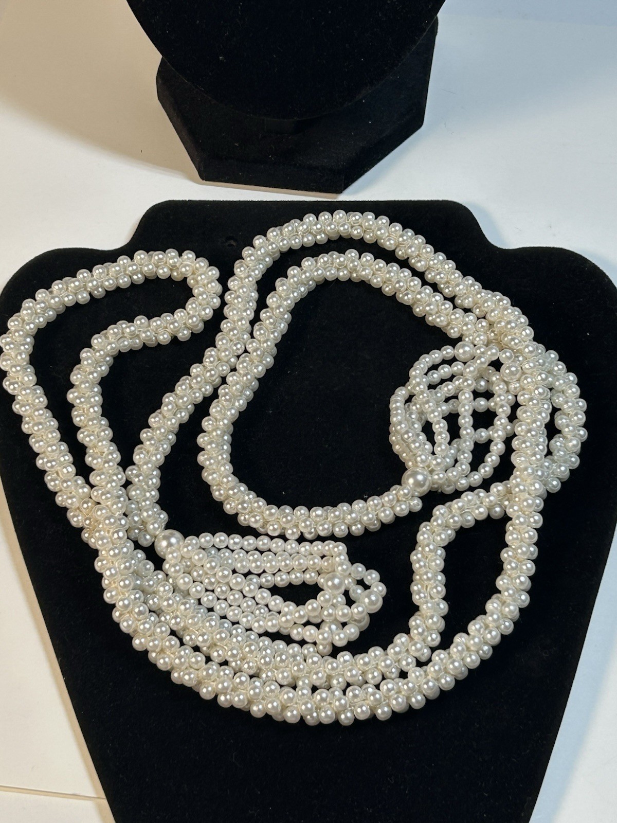 Vintage Faux Pearl Lariat Necklace Multi Strand Woven Tassel Wrap Cream 48 Inch