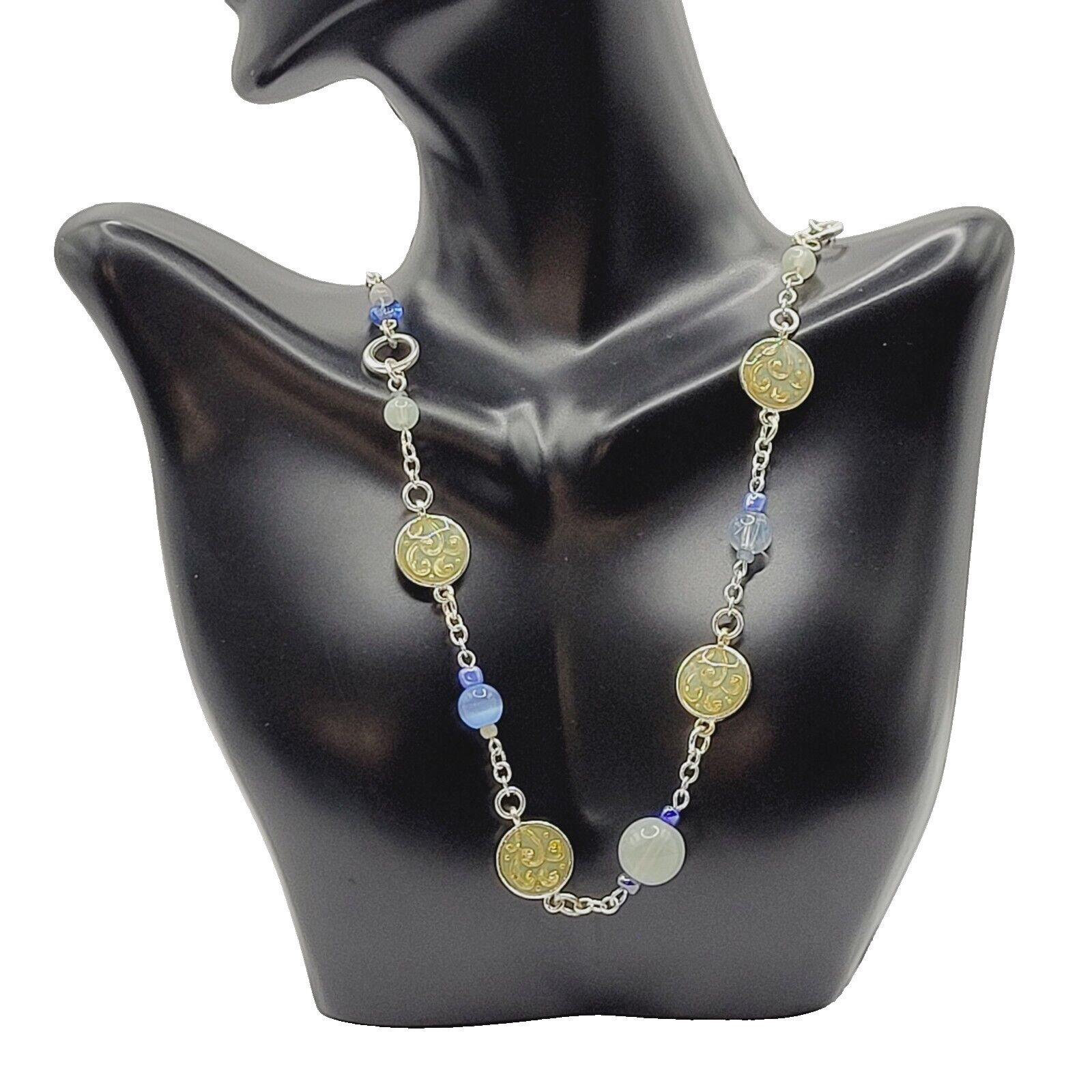 Blue & White Moonstone with Glass & Enamel Silver Tone Chain Necklace KR 24 Inch