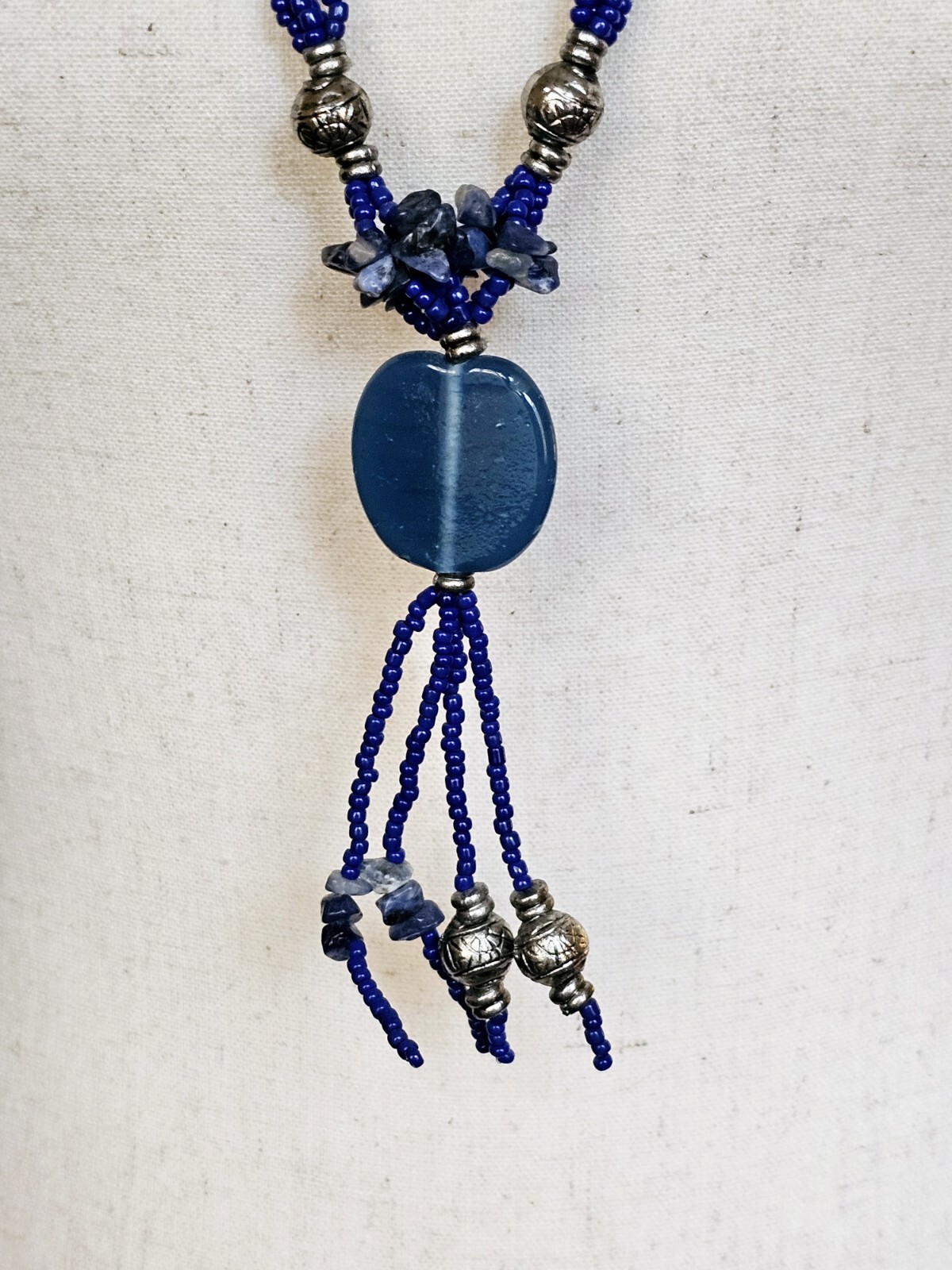 Vintage Glass Beaded Tassel Necklace Blue Native Boho Sodalite Southwestern