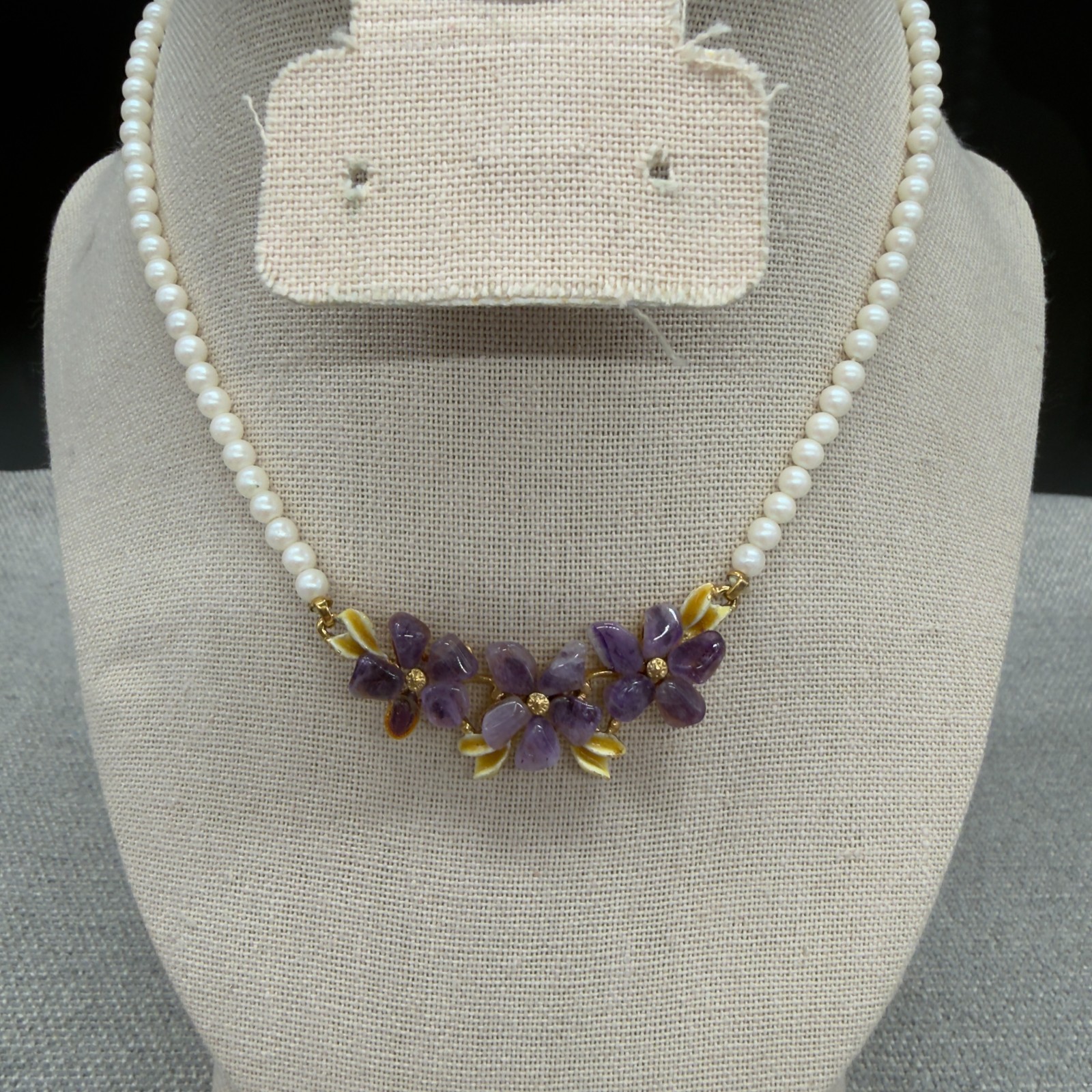 Vintage Choker Collar Necklace Faux Pearls Purple Stone Flowers READ