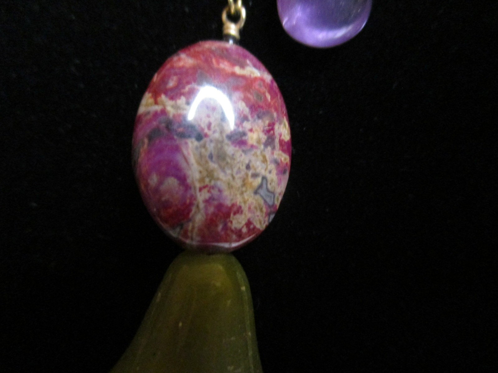 Antique-Like 14K GF Flowerette Necklace w/Jade, Amethyst, Pearl 30.75″L Handmade