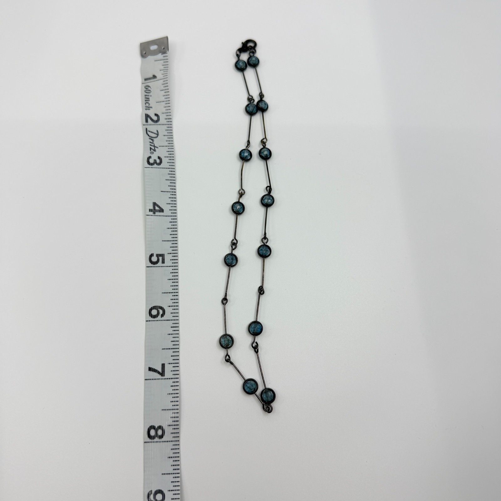 VTG Gunmetal Tone Blue Crystal Glass Necklace Station Link Bar Dainty Minimalist