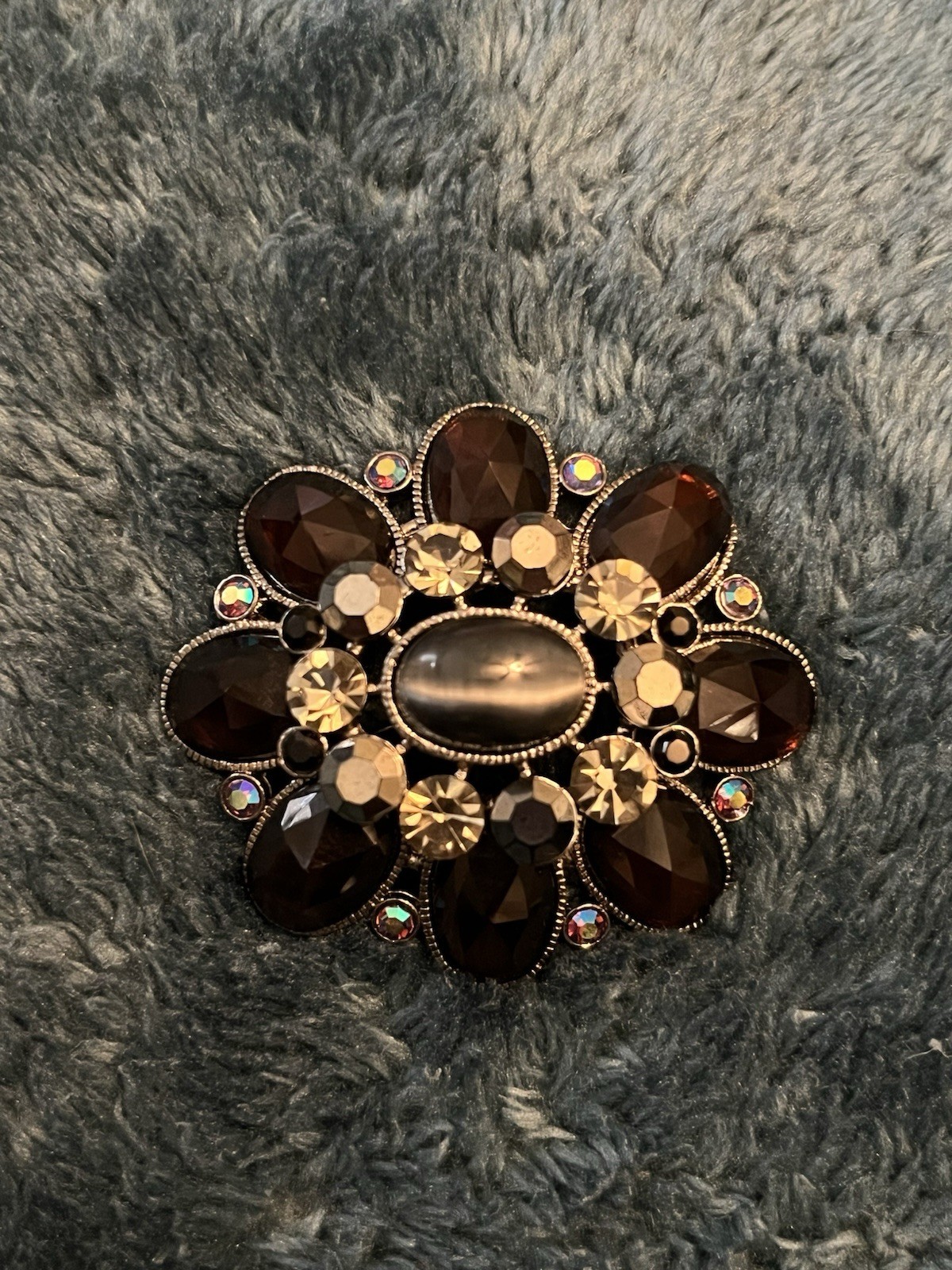 Jappaned Brooch Flower Faceted Brown, Black & Clear Rhinestones Tiger Eye Center