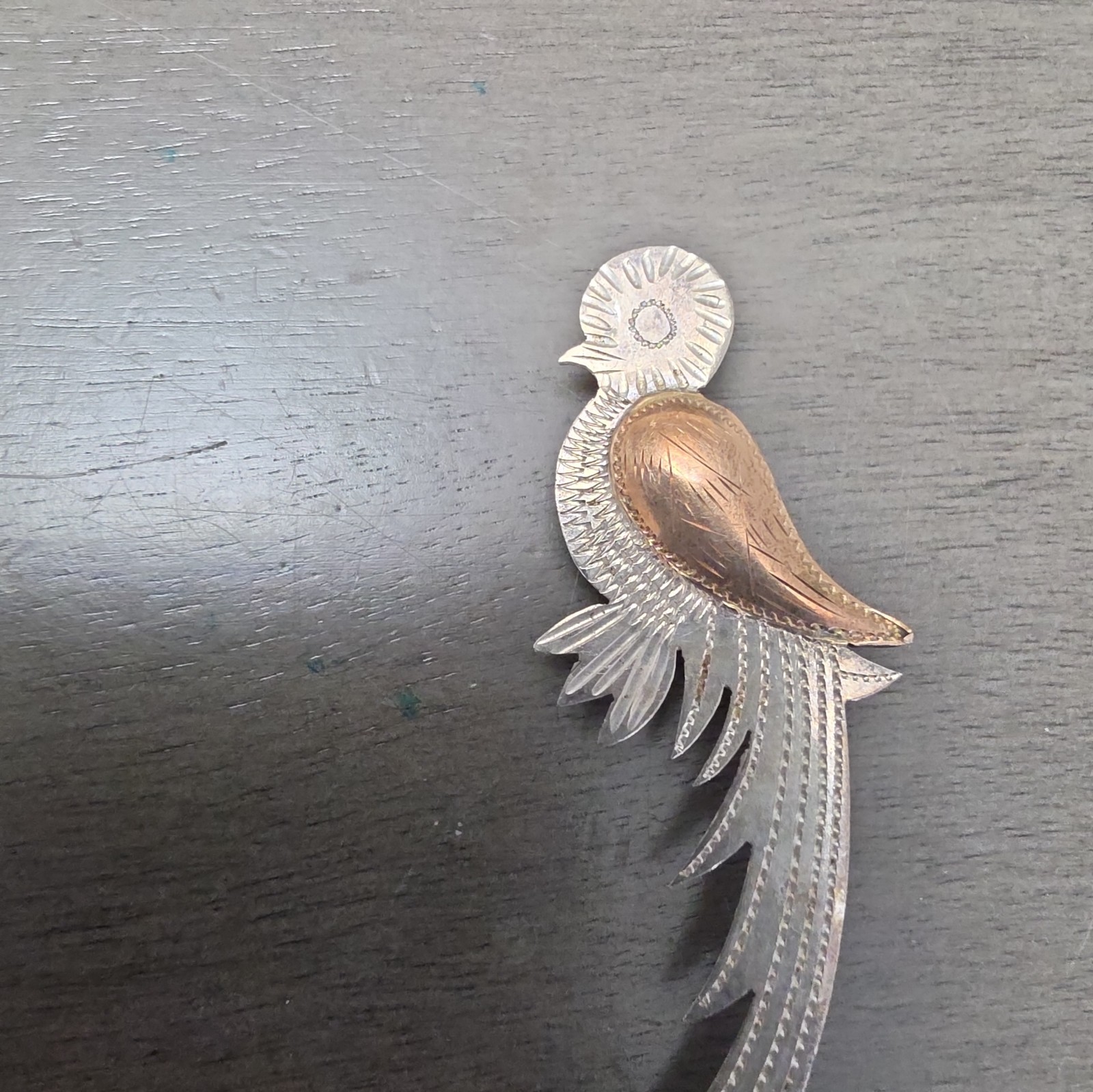 Vintage Quetzal Bird Pin Silver 900 Coin Silver Rose/brass Accents Guatemala