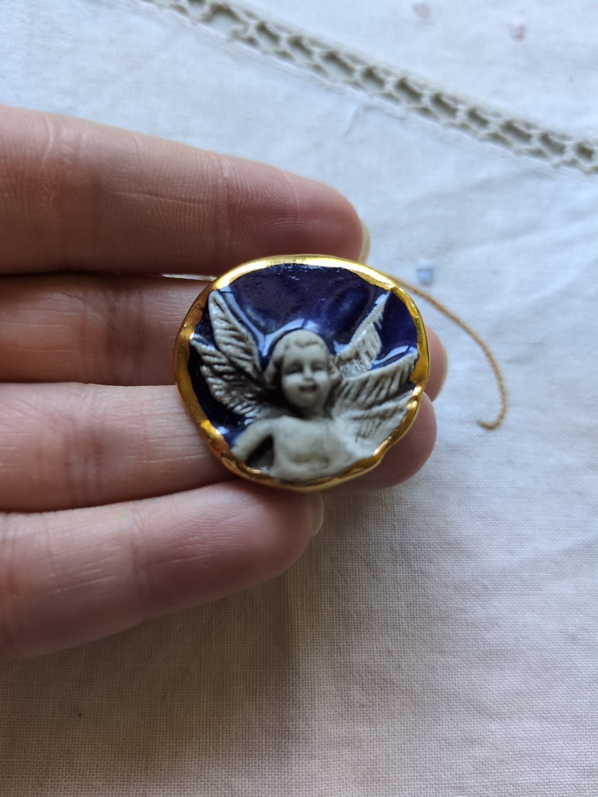 Brooke Andrews Handmade Cherub Angel Ceramic Pendant/ Brooch, Gold Trim