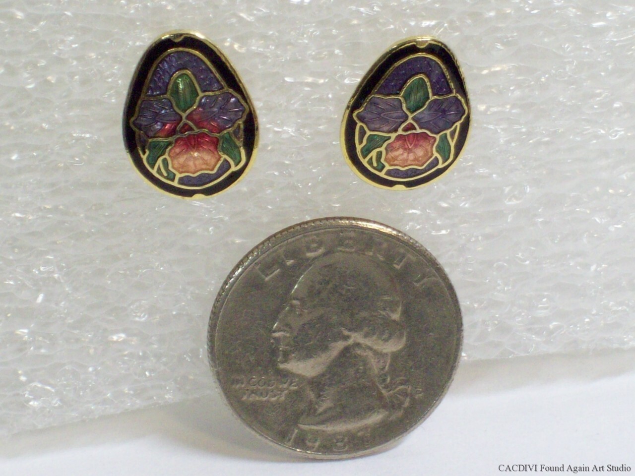 Retro Enamel Orchid Earrings Small Purple Pink Multi Color Cloisonne Flowers Vtg