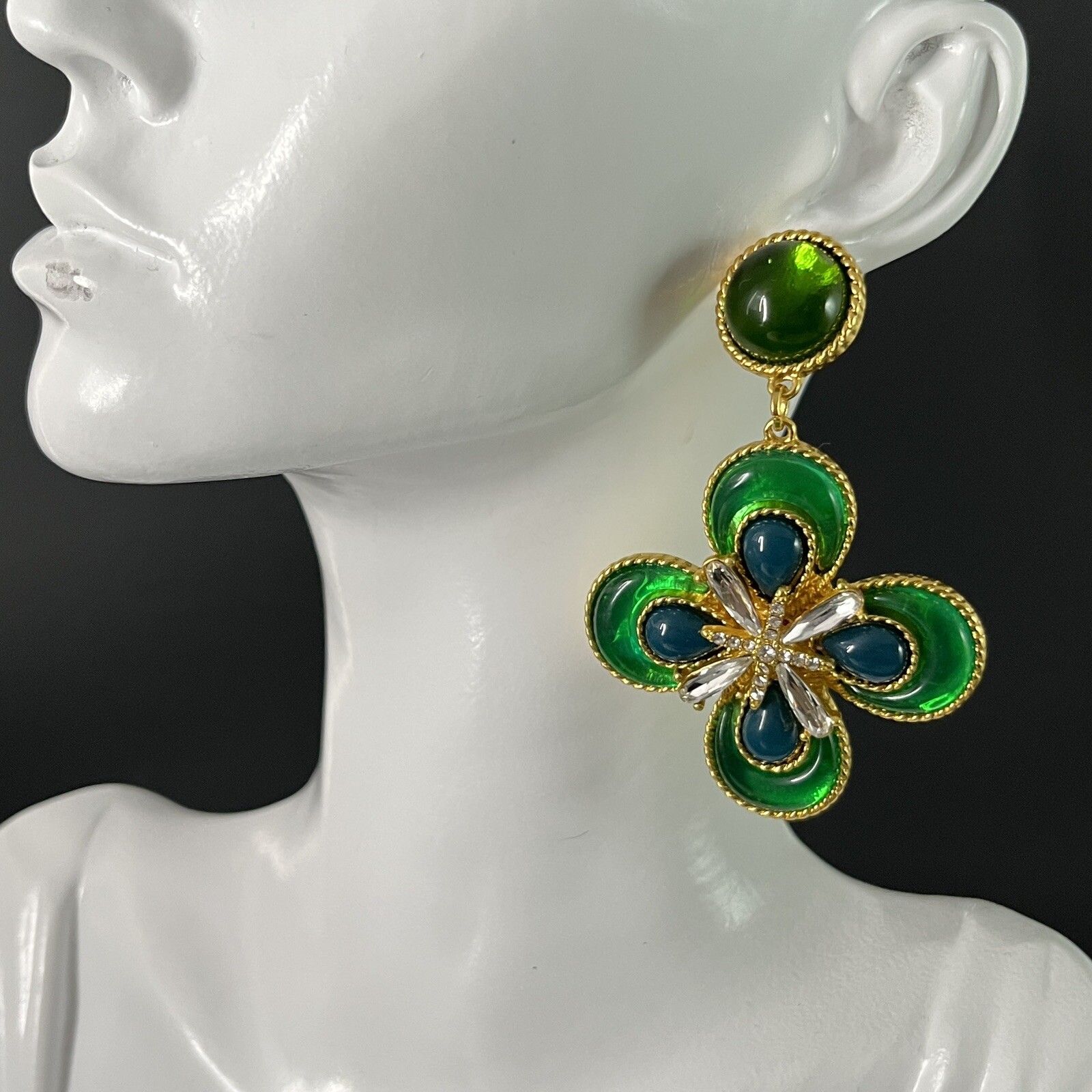 Gripoix Style Maltese Cross Earrings Green Glass Cabochon Gold Pierced Dangle