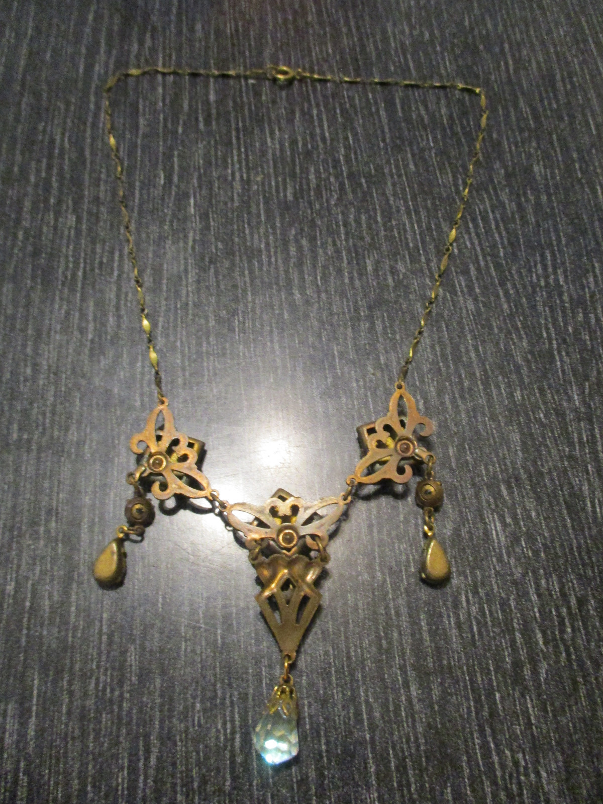 Antique Victorian Edwardian Vintage Dangle Drop Molded Glass Foil Back Necklace