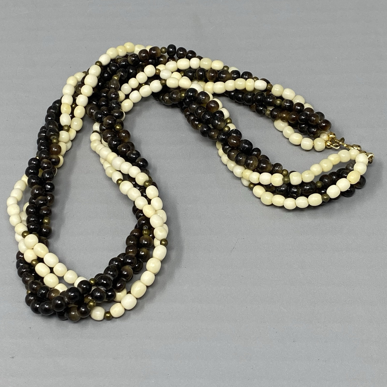 Torsade Twist Necklace Brown White Beads Glass Shell Beach Bohemian Collar 22″