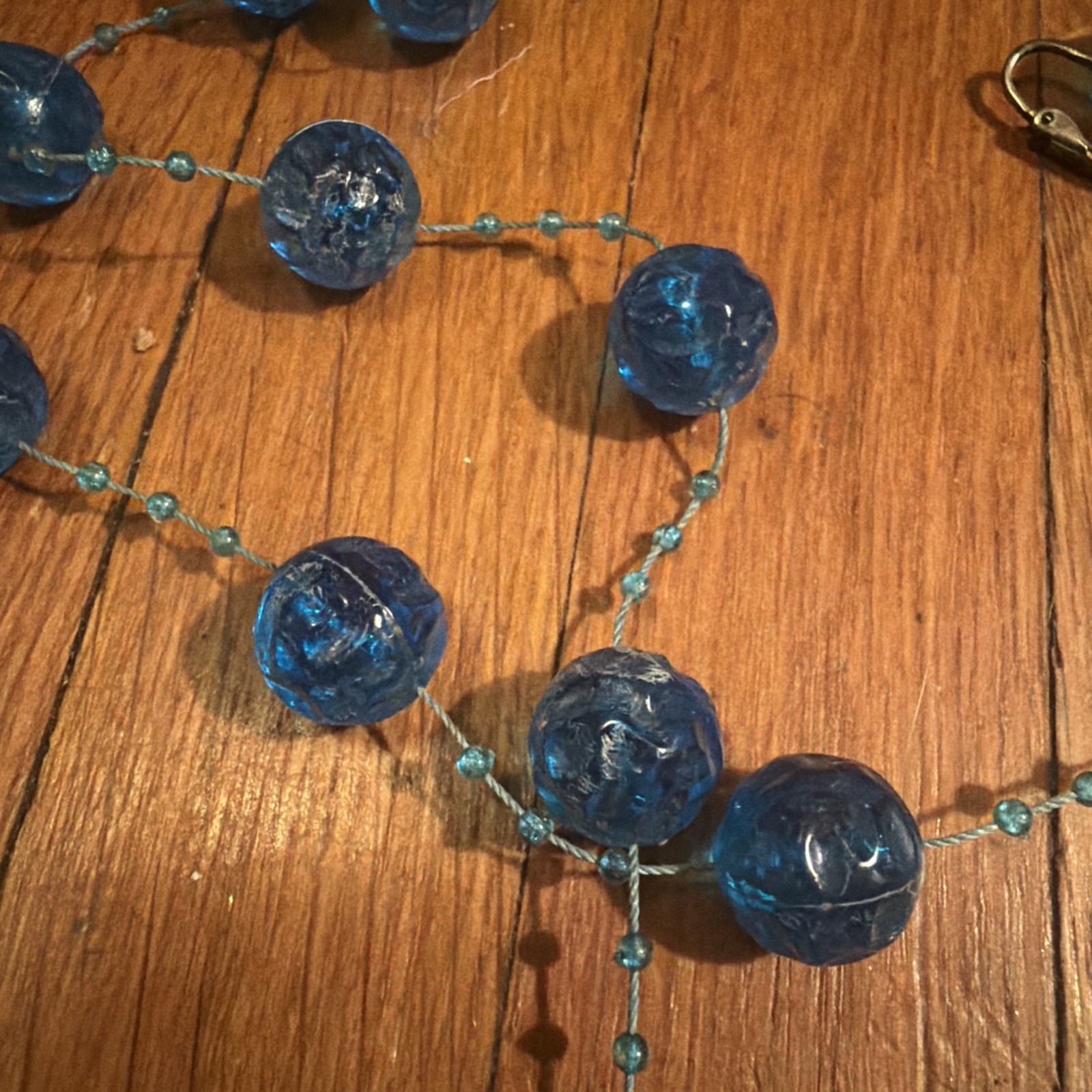 Antique Art Deco Blue Moulded Crackle Bead Satoir Necklace earrings Set Vintage
