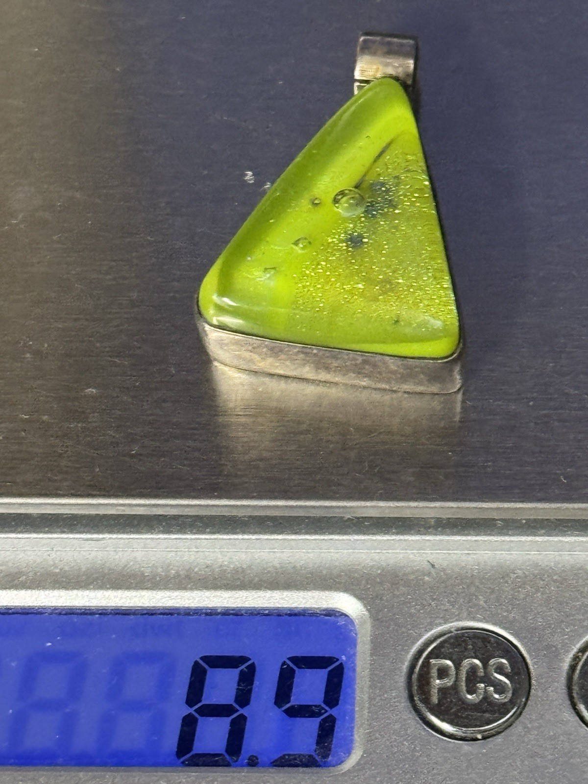 Sterling Silver Fused Lime Green Glass Pendant Triangle 1 1/4″