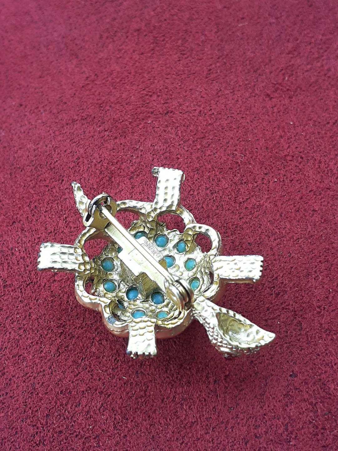 Vintage Turtle Gold Toned Brooch With Faux Turquoise Beads Red Rhinestone Eyes