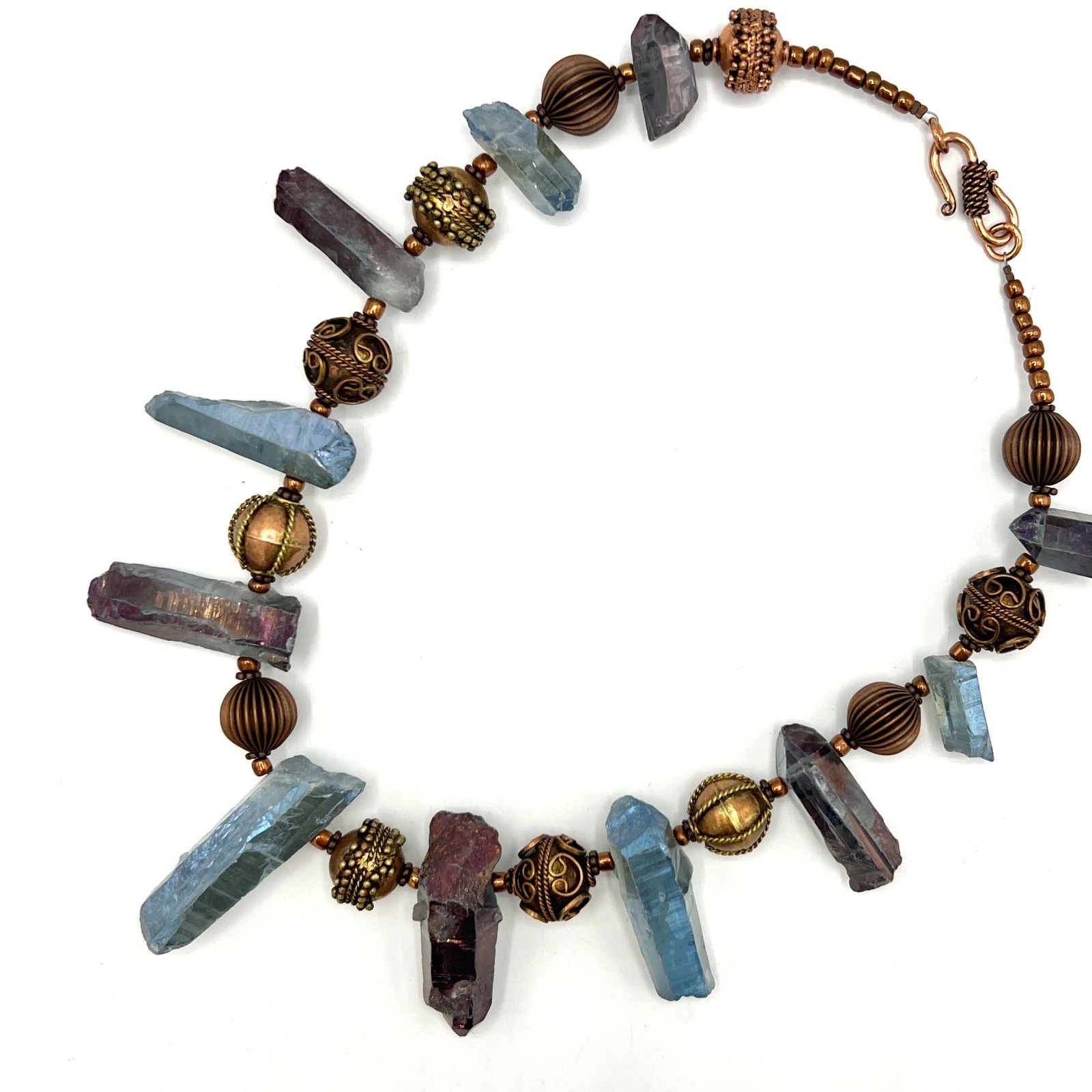 Artisan Raw Crystal & Brass Tone Statement Necklace-Unique handmade Boho Design