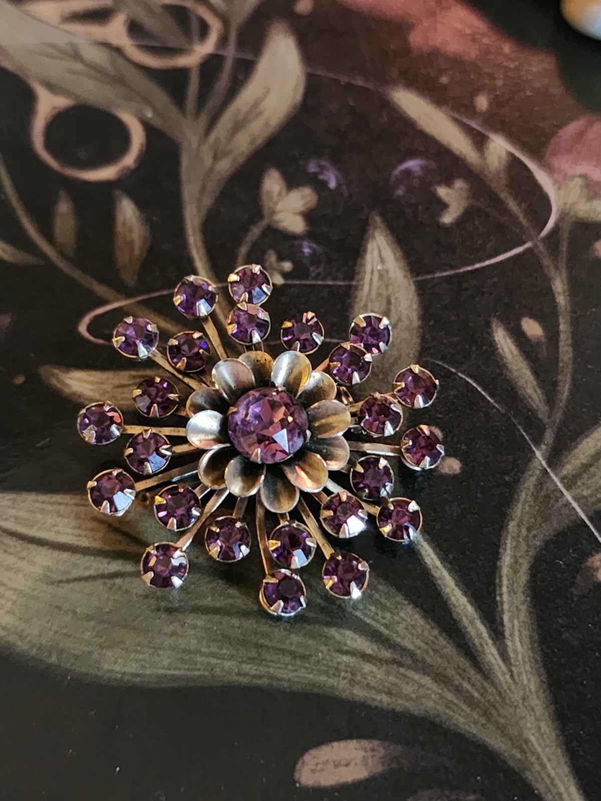 Vintage MCM Purple Rhinestone Floral Cluster Starburst Brooch