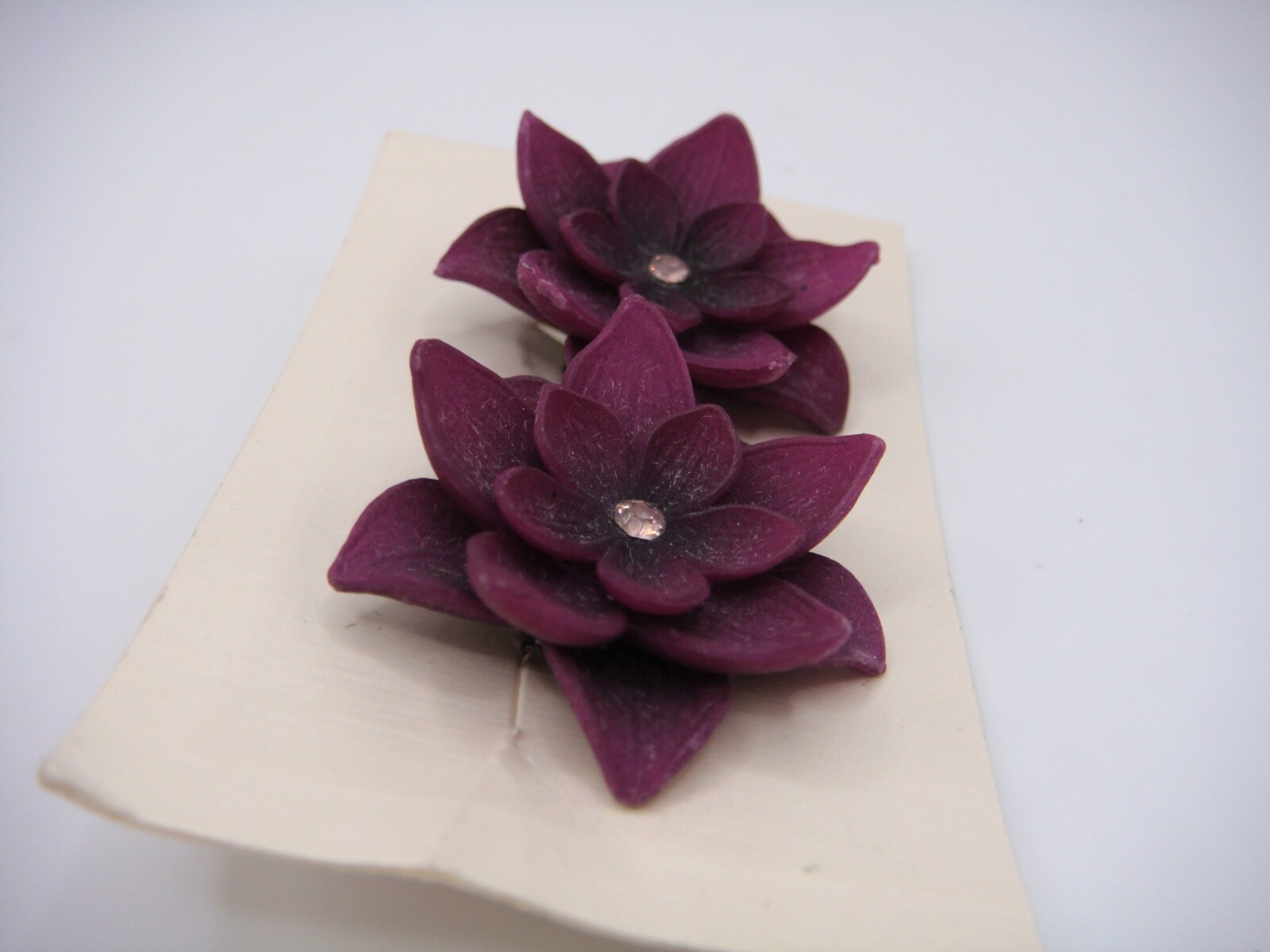 VINTAGE GES GESCH PURPLE CELLULOID THREE TIER FLOWER EARRINGS ESTATE WEST GERMAN
