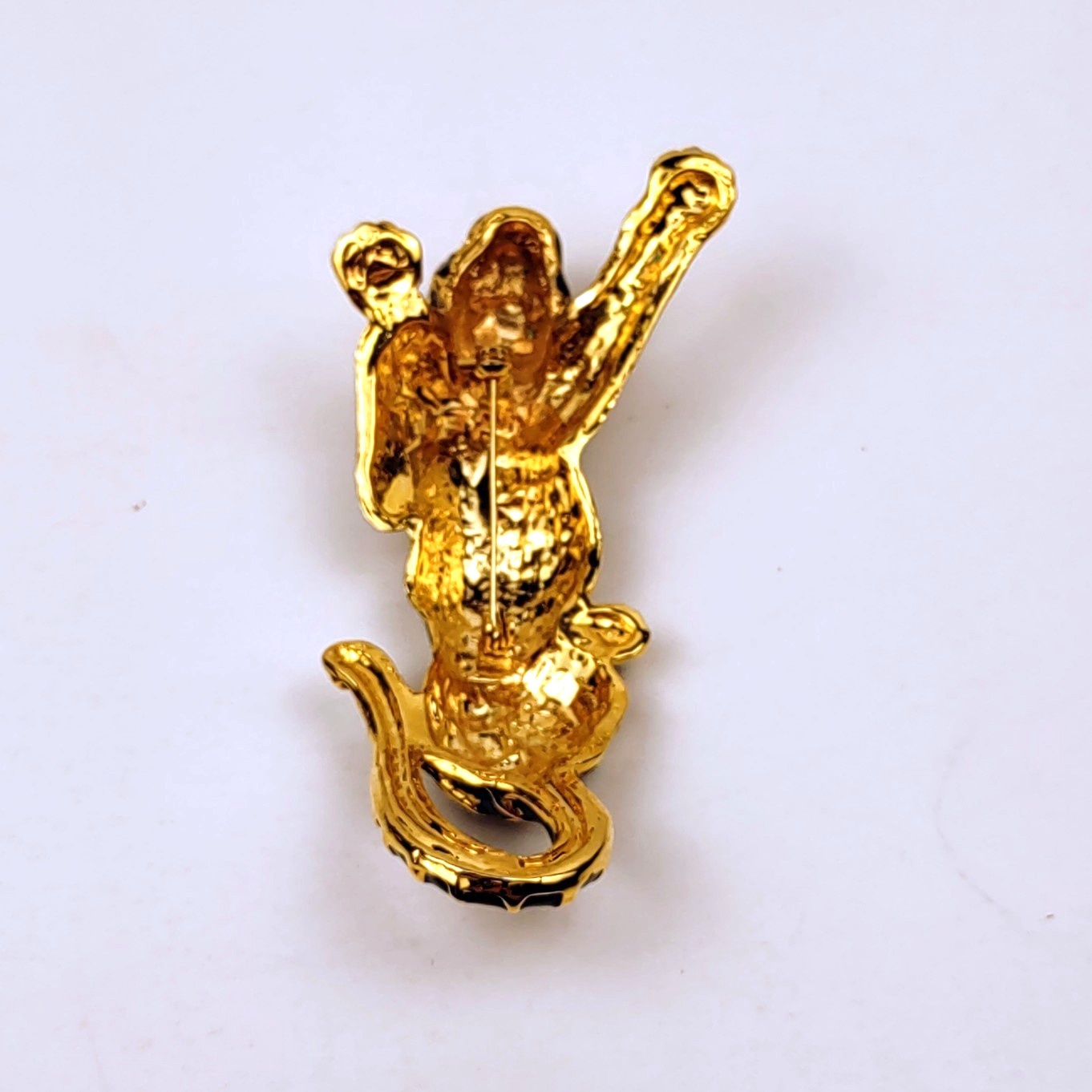 Tiger Brooch Black Enamel Gold Colored Metal Stripes Green Rhinestone Eyes 4.5″