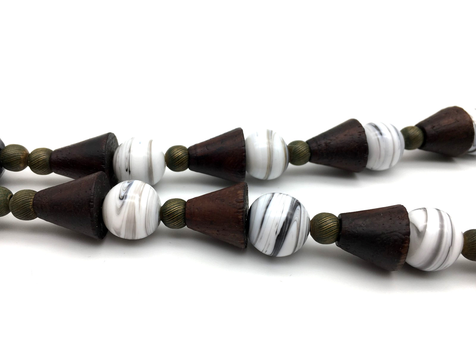Miriam Haskell Signed Black Ceramic Cone Wood White Art Glass Beads 24″ Necklace