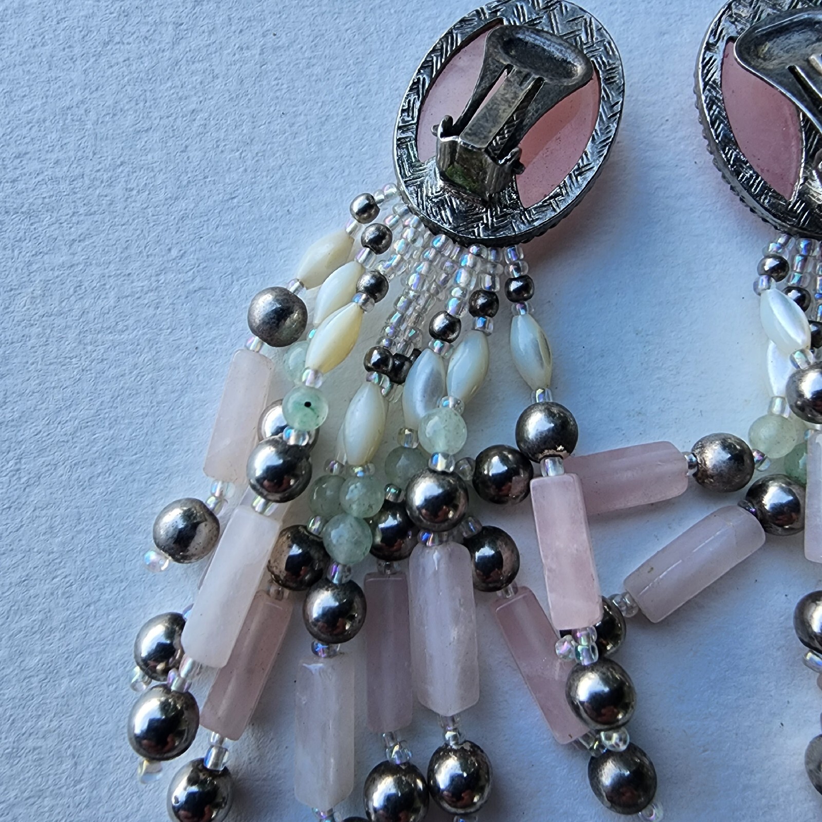 Boho Western Vintage Rose Quartz Cabochon Mother Of Pearl Bead Dangle Clip Gift
