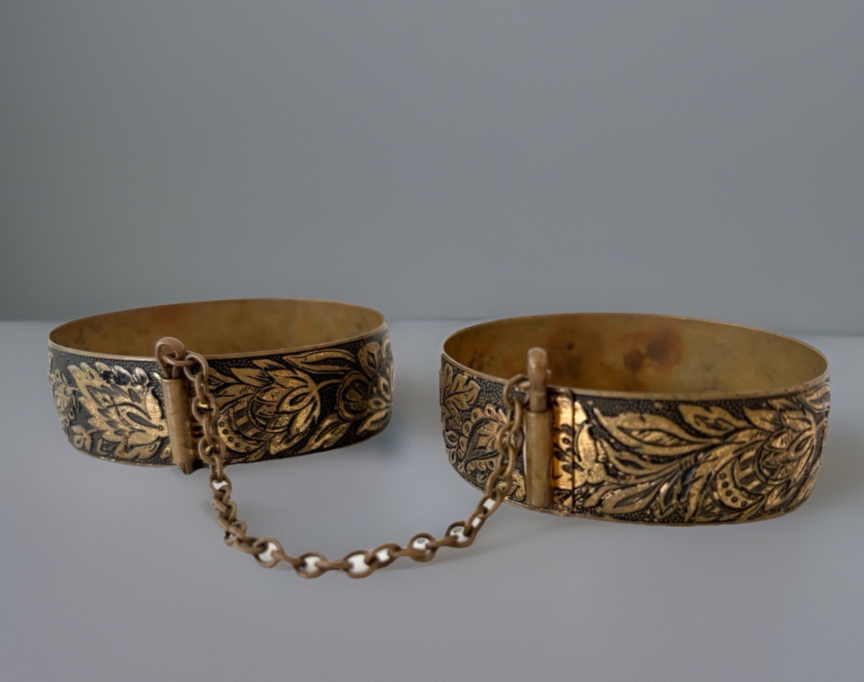 PAIR – Victorian Brass Bracelets Etched Floral Design Bangle Hinged Together