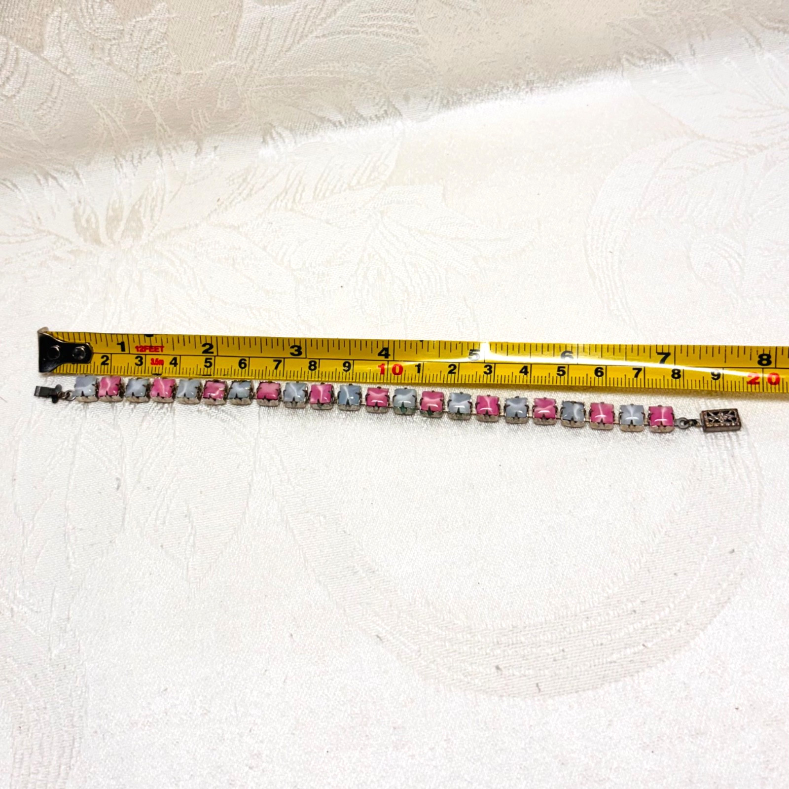 BRACELET pastel blue pink glass faux gem silvertone metal box clasp vintage 7″ c