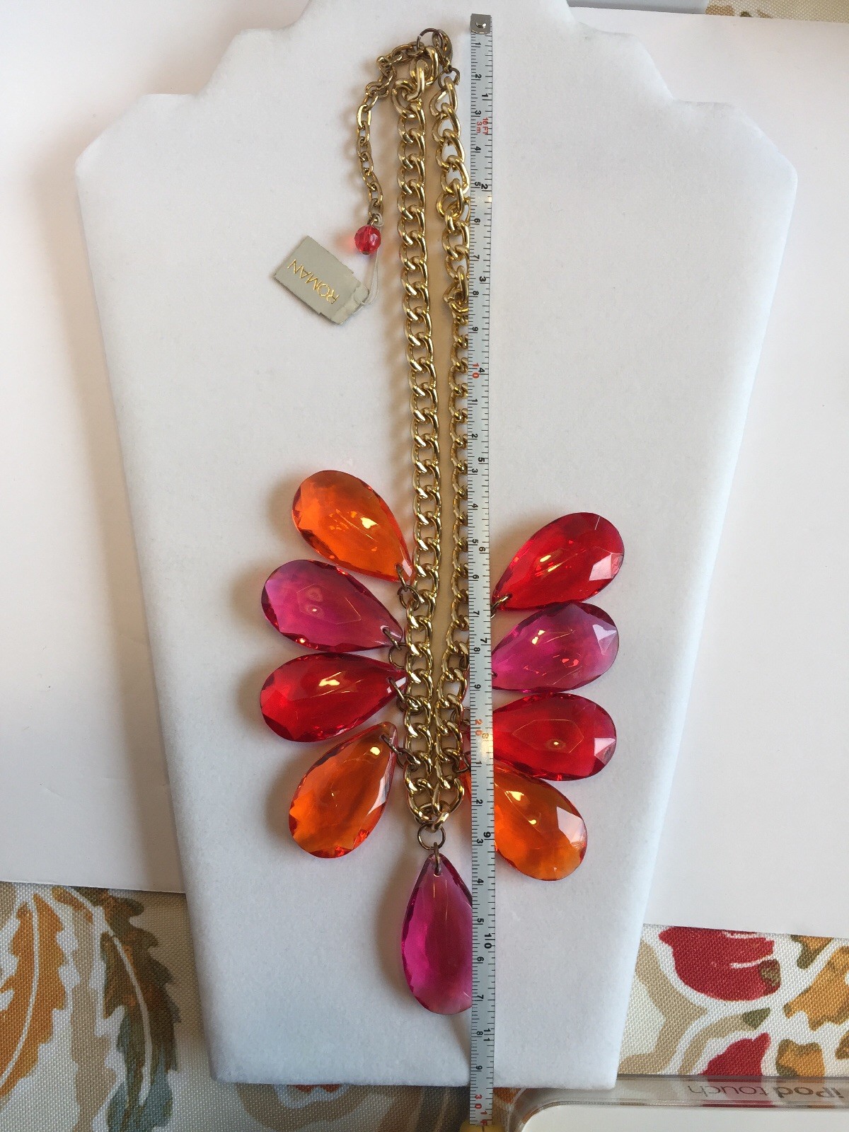Vintage ROMAN signed Necklace orange fuchsia red teardrops goldtone NOS w/ tags