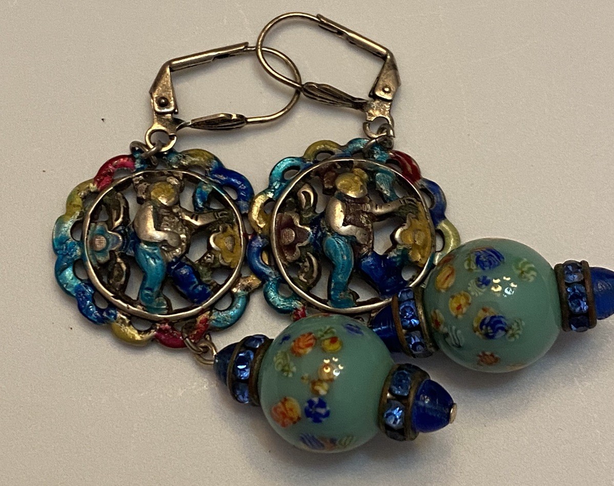Vintage Asian Themed Colorful Ronde Bosse Enamel Art Glass Rhinestone Earrings
